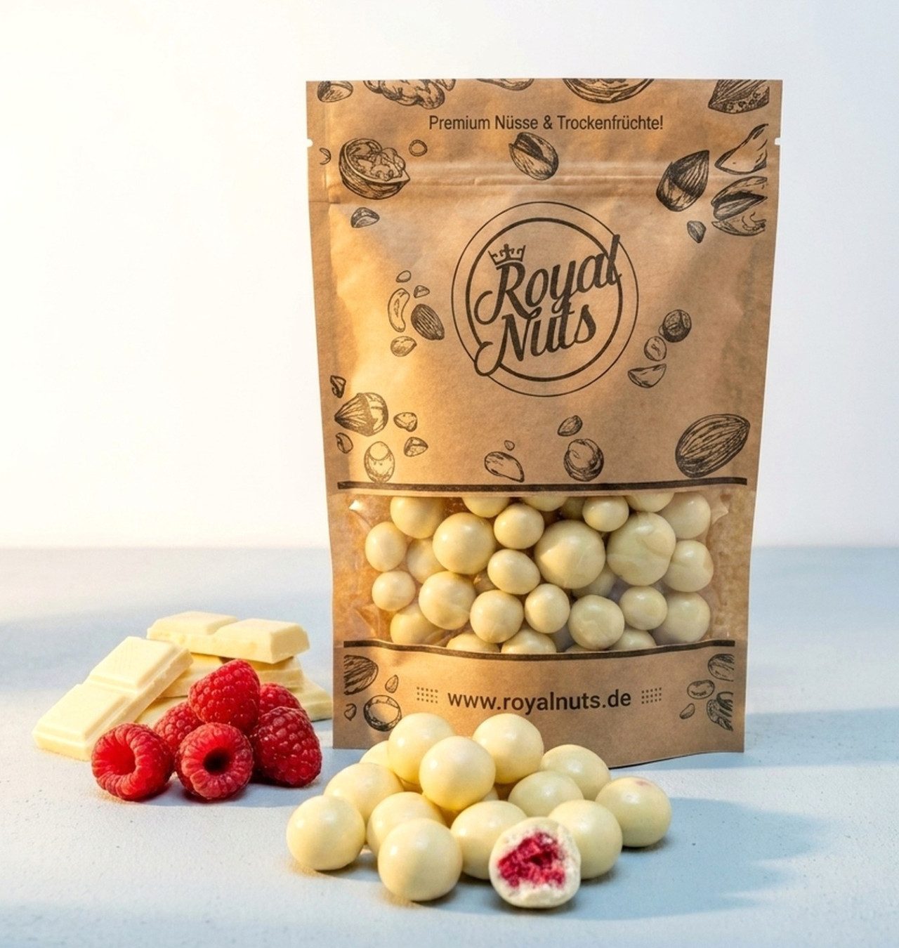 Royalnuts Genuss GmbH Schokolade 500g Himbeeren mit weißer Schokolade, Royalnuts