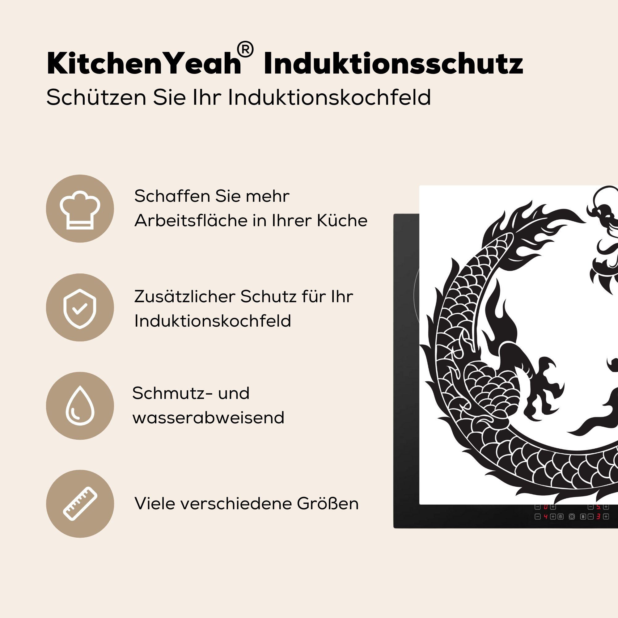 Drachens, Illustration küche Arbeitsplatte Ceranfeldabdeckung, eines MuchoWow 78x78 Schwarz-weiß Herdblende-/Abdeckplatte Vinyl, (1 tlg), cm, für chinesischen
