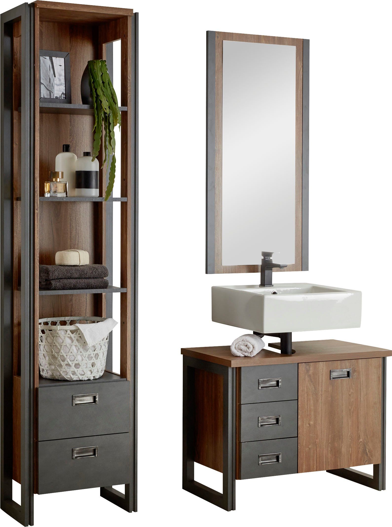 Home affaire Badmöbel-Set Detroit, Bad im Industrialdesign, 3-teiliges Badezimmer, (Set, 3-St), Unterschrank, Regal & Spiegel, holzfarben, offene Fächer & Stauraum