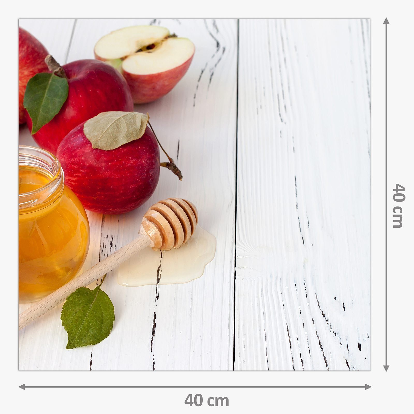Primedeco Küchenrückwand Glas Motiv Spritzschutz Apfel mit und Küchenrückwand Tisch auf Honig
