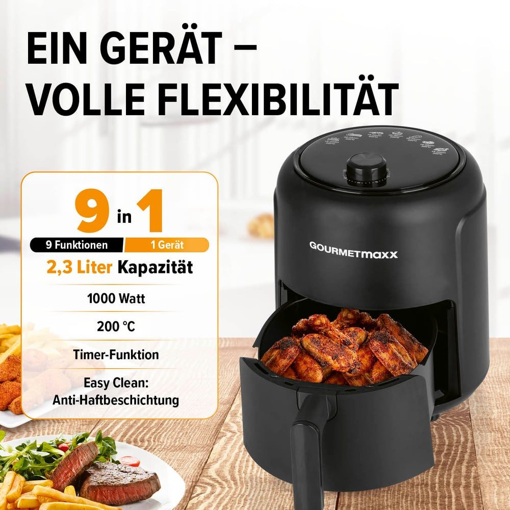 GOURMETmaxx Heißluftfritteuse 2,3L, Airfryer mit 60 Minuten Timer und 9 Funktionen, 1000 W, inkl. Vorheizen & Warmhalten, energiesparend & geruchsarm frittieren