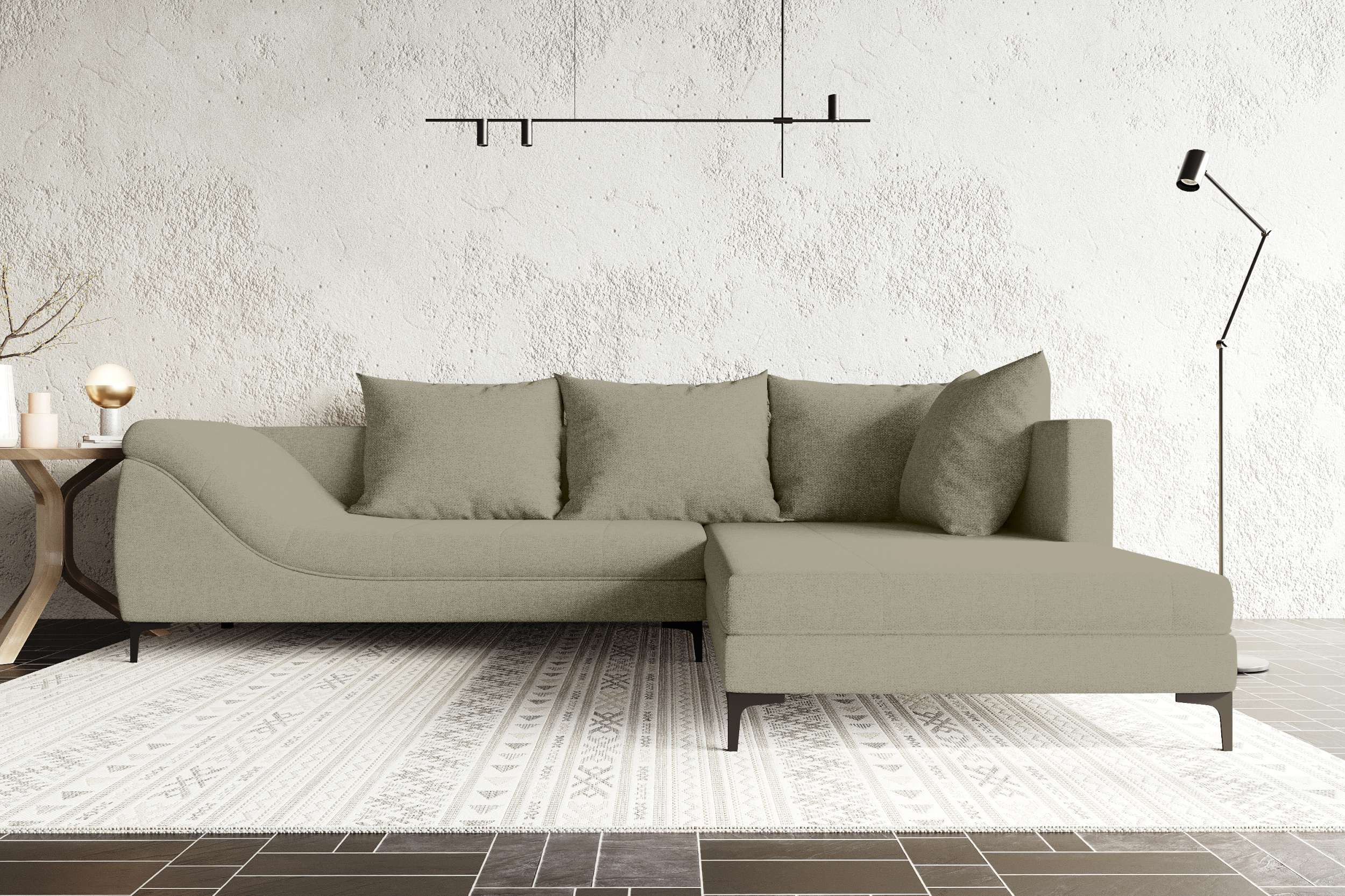 99rooms Ecksofa Loni, Ottomane links/rechts, 4 Rückenkissen, stabile Metallfüße