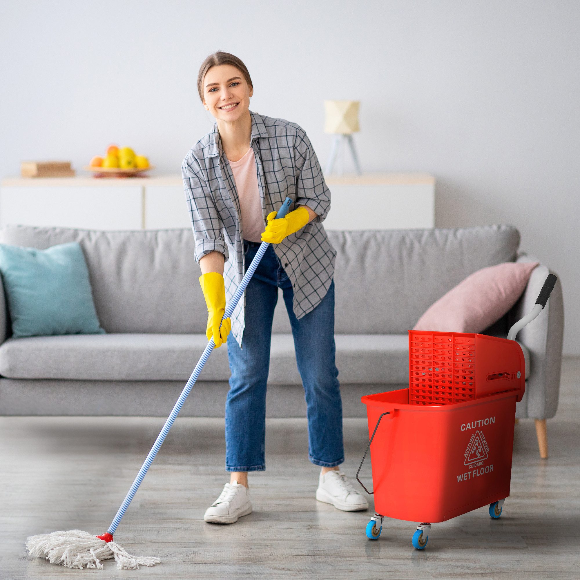 HOMCOM Putzeimer Reinigungswagen mit Wischmopp, 20 L Eimer, mit Trennwand, (Wischwagen, 1-tlg., Putzwage), mit Presse 2 Kammern Rot
