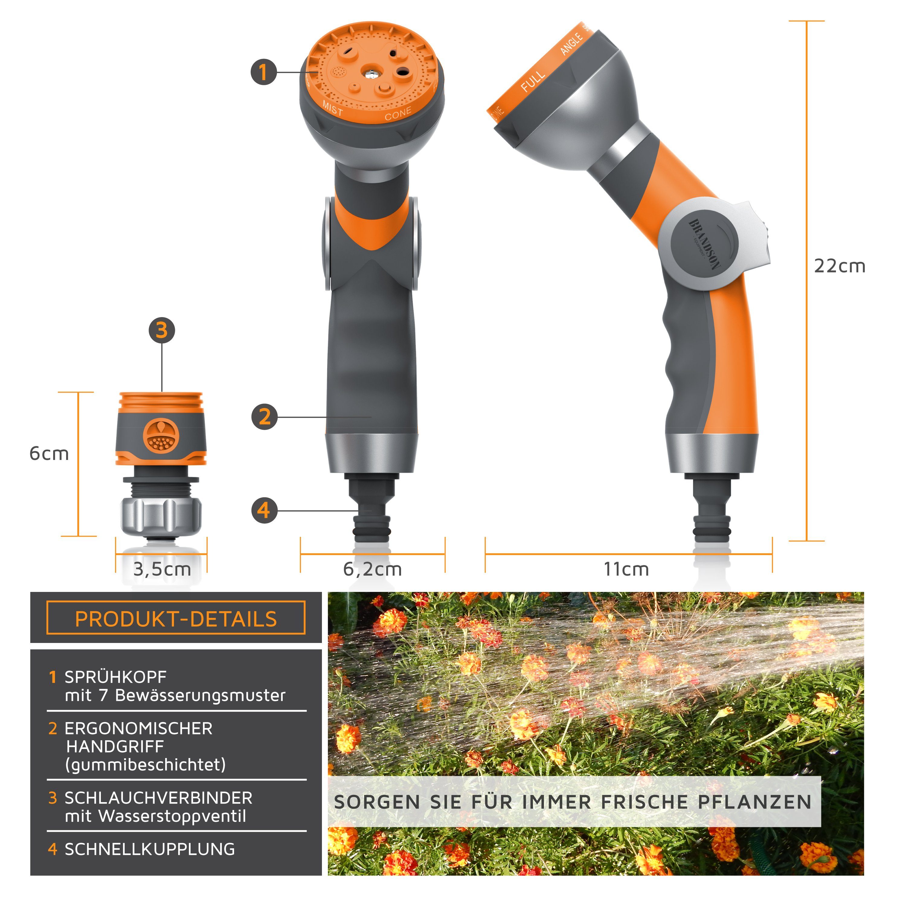 Brandson Multifunktionsbrause mit 7 Sprühprofilen, Garten Handbrause, Spritzpistole, Schnellkupplung, (inkl. Schlauchverbinder/Adapter mit Wasserstoppventil), Gartenbrause 3/4 Zoll, Durchfluss Schieberegler, bis 8 bar Wasserdruck