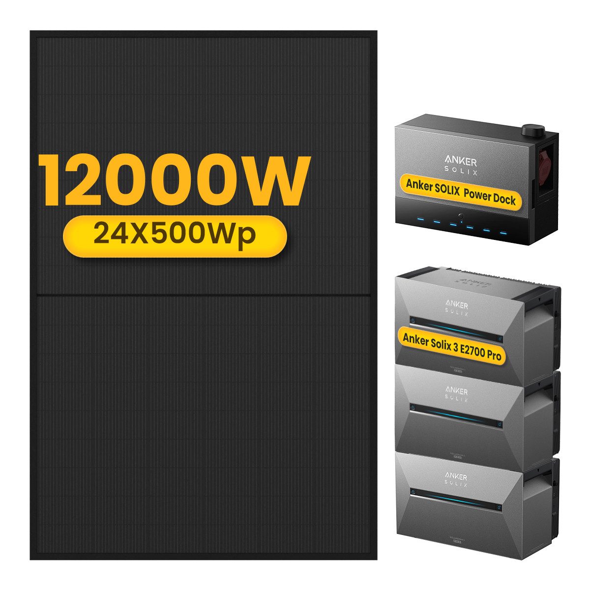 Anker 12000W Anker SOLIX Solarbank Power Dock mit 3*Solarbank 3 Pro Speicher, (3xAnker Pro3 und 24x 500Wp Solarmodul im Lieferumfang enthalten), Speicher mit integriertem Wechselrichter, All-in-One 2,68kWh Akku
