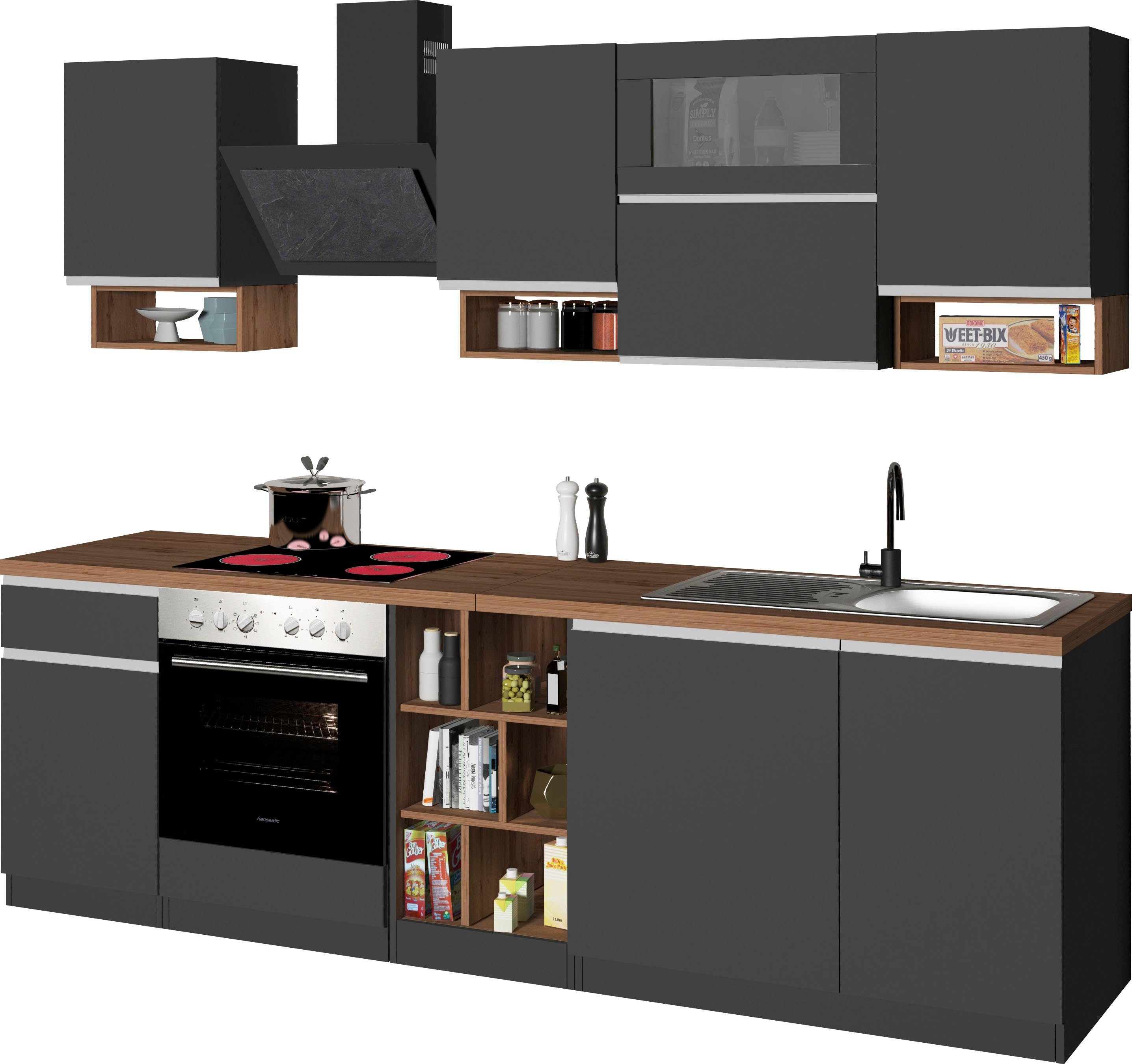 KOCHSTATION Küchenzeile KS-Sole, Breite 256 cm, mit Regalen und Fächern, ohne E-Geräte