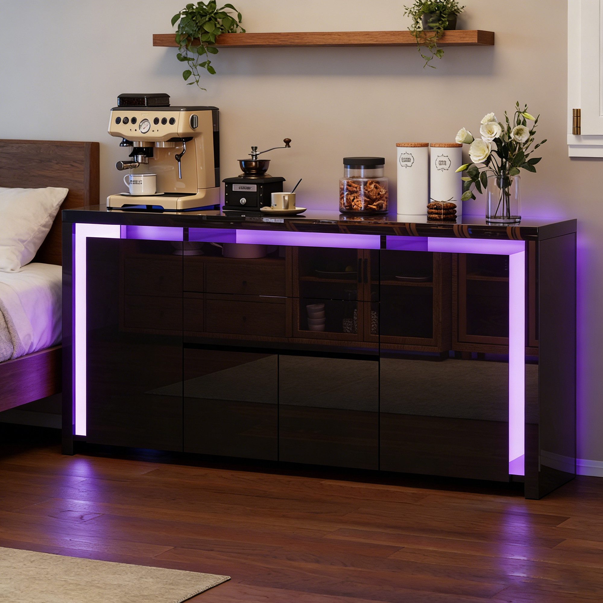 Gdood Sideboard mit 4 Türen, LED Hochglanz Schränke Kommode Buffet (1 St., für Esszimmer Schlafzimmer Wohnzimmer Flur, 160x35x75cm Highboard), Küchenmöbel, mit stabilen Eisenrahmenbeinen