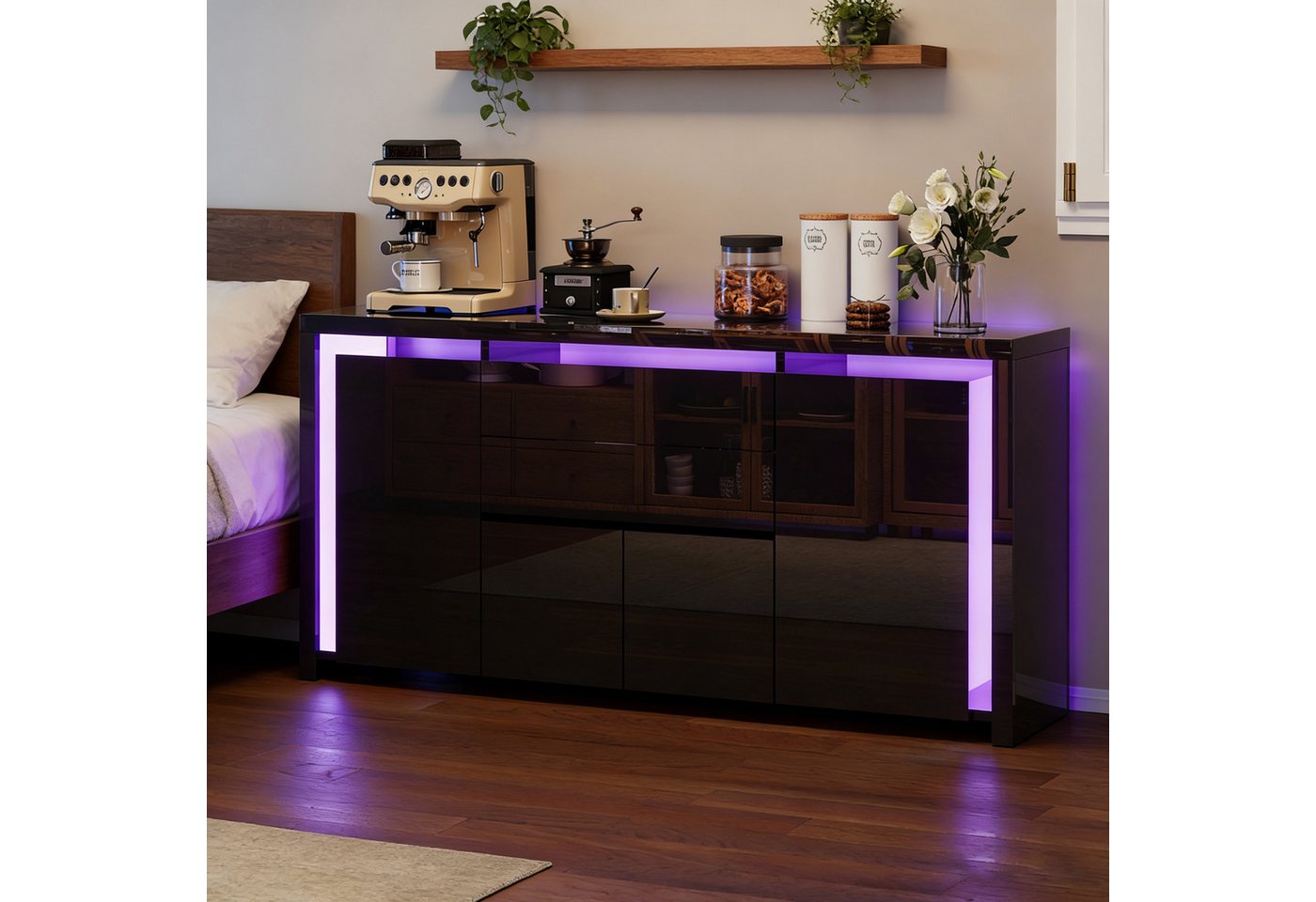 Gdood Sideboard mit 4 Türen, LED Hochglanz Schränke Kommode Buffet (1 St., für Esszimmer Schlafzimmer Wohnzimmer Flur, 160x35x75cm Highboard), Küchenmöbel, mit stabilen Eisenrahmenbeinen
