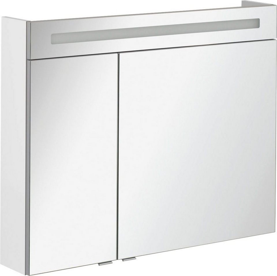 FACKELMANN Spiegelschrank CL 90 - weiß Badmöbel Breite 90 cm, 2 Türen, doppelseitig  verspiegelt, 2 Glaseinlegeböden, Griffe Aluminium silber eloxiert