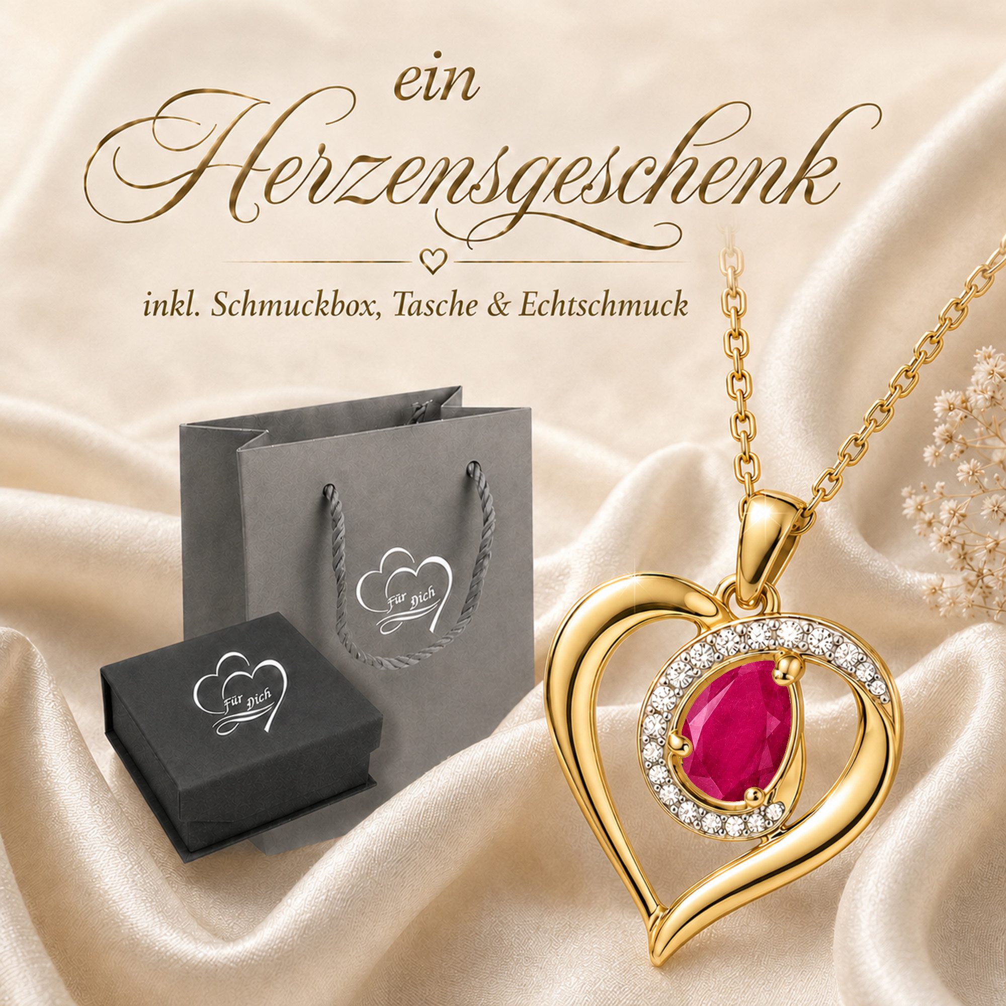 Limana Herzkette echter Edelstein Damen Kette mit Herz Anhänger 925 Silber gold (Geschenk für Frauen Freundin Schmuck inkl. Dose und Tasche), Geburtstag Weihnachten Jahrestag Hochzeitstag Valentinstag