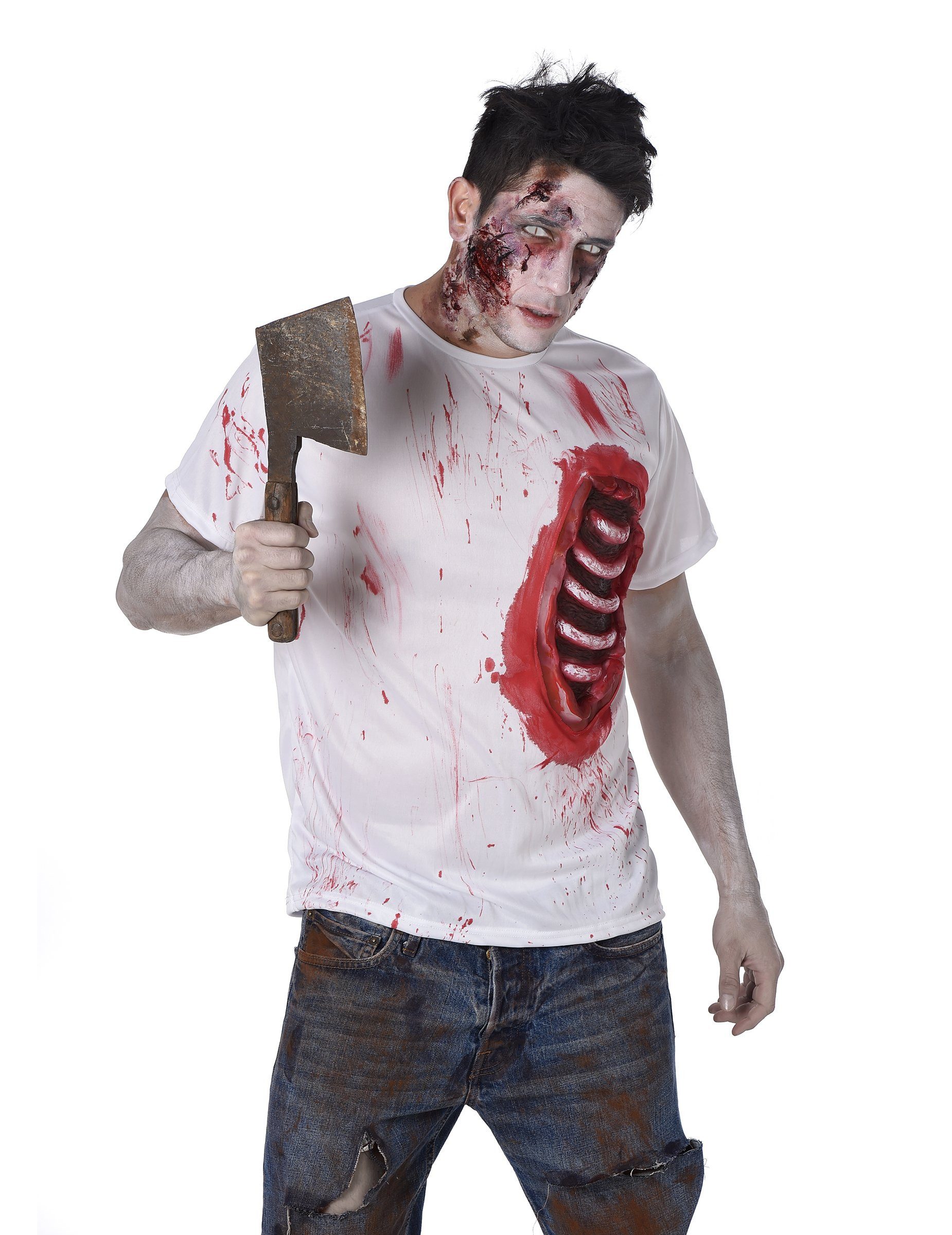 REDSUN Kostüm Zombie T-Shirt mit Rippen Halloween weiss-rot