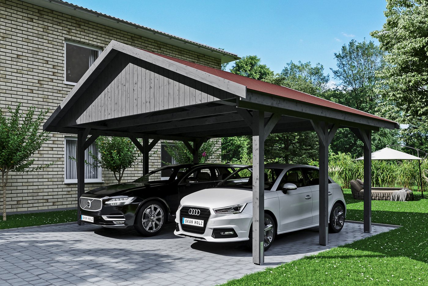 Thumbnail - Skanholz Doppelcarport Wallgau, BxT: 620x500 cm, 215 cm Einfahrtshöhe, mit roten Dachschindeln
