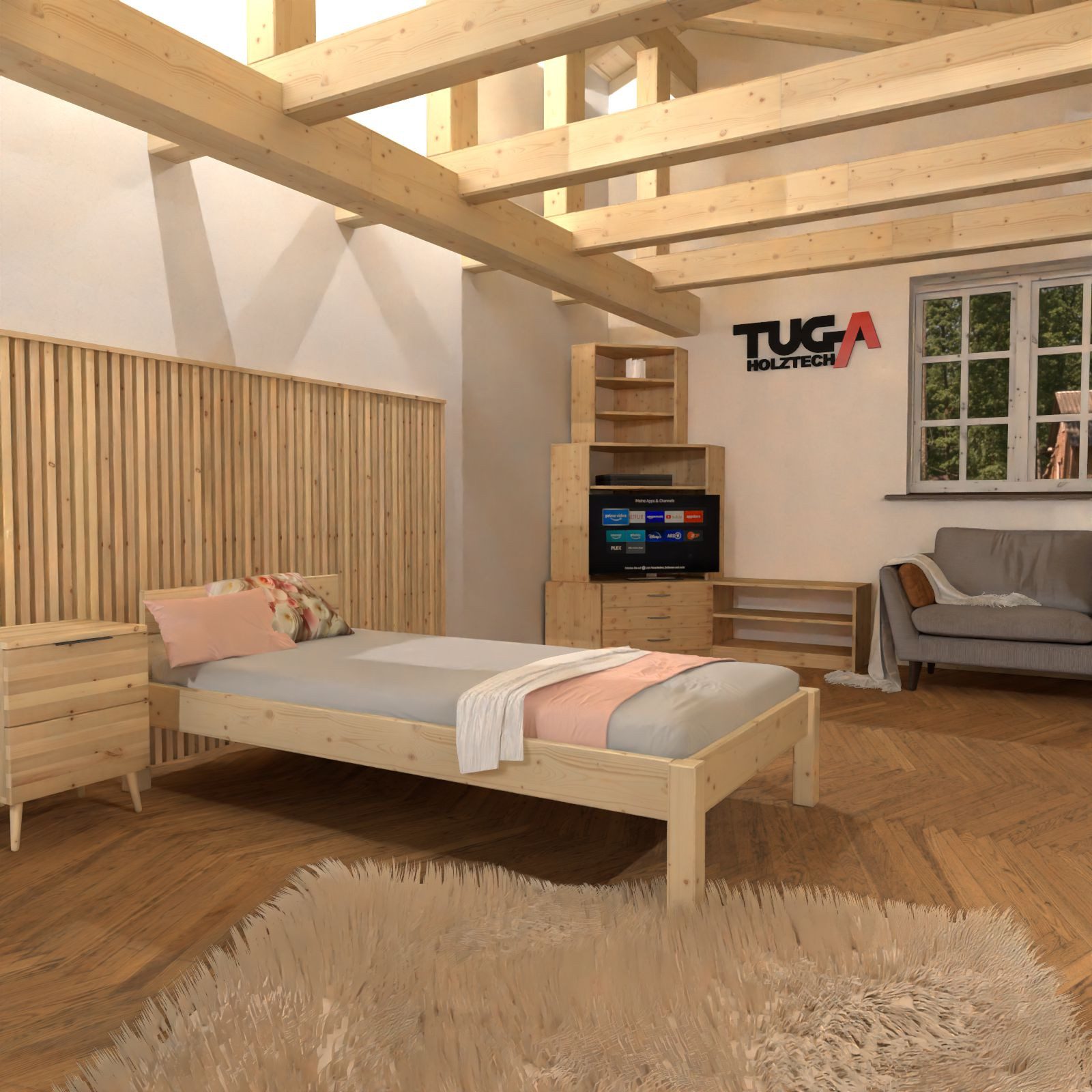 TUGA-Holztech Massivholzbett Pfostenbett "metallarm" Fichte Holzbett "Daybett" 120 x 190cm 38cm, Breite 80 90 100 120 140 160 180 200 Länge 190 200 210 220 H=38/48/58