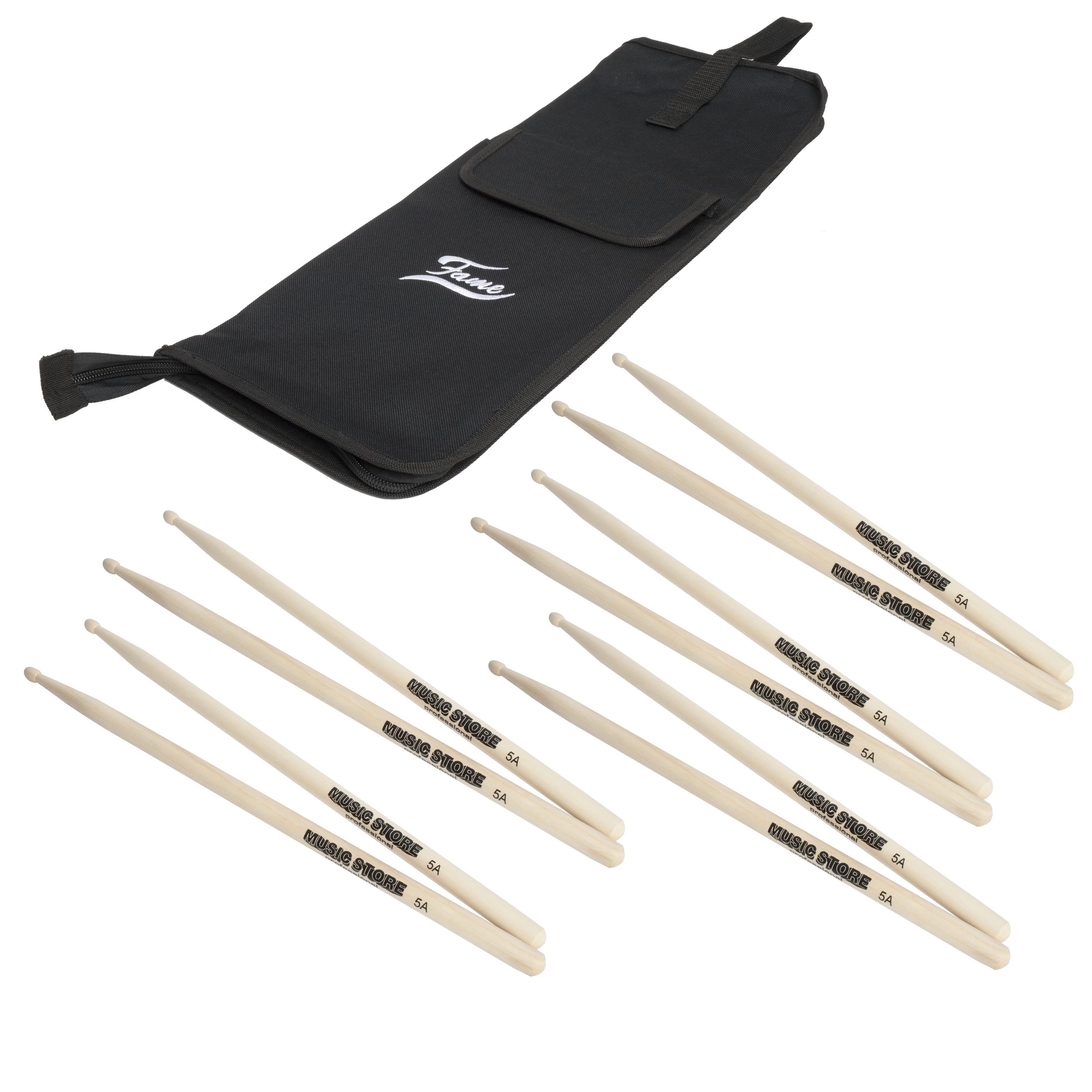 FAME Drumsticks (Drumstick Tasche StickBag mit 5 Hickory 5A Sticks Wood Tip Drumsticks, Sticks, Beater und Mallets, Stick Packs), Drumstick Tasche, StickBag, Hickory 5A Sticks, Wood Tip Drumsticks