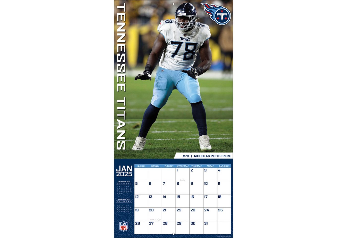 Thumbnail - Turner Licensing Wandkalender Tennessee Titans - NFL - Wandkalender 2025, 12- Monats- Format, Zusatzseite Januar - Dezem...