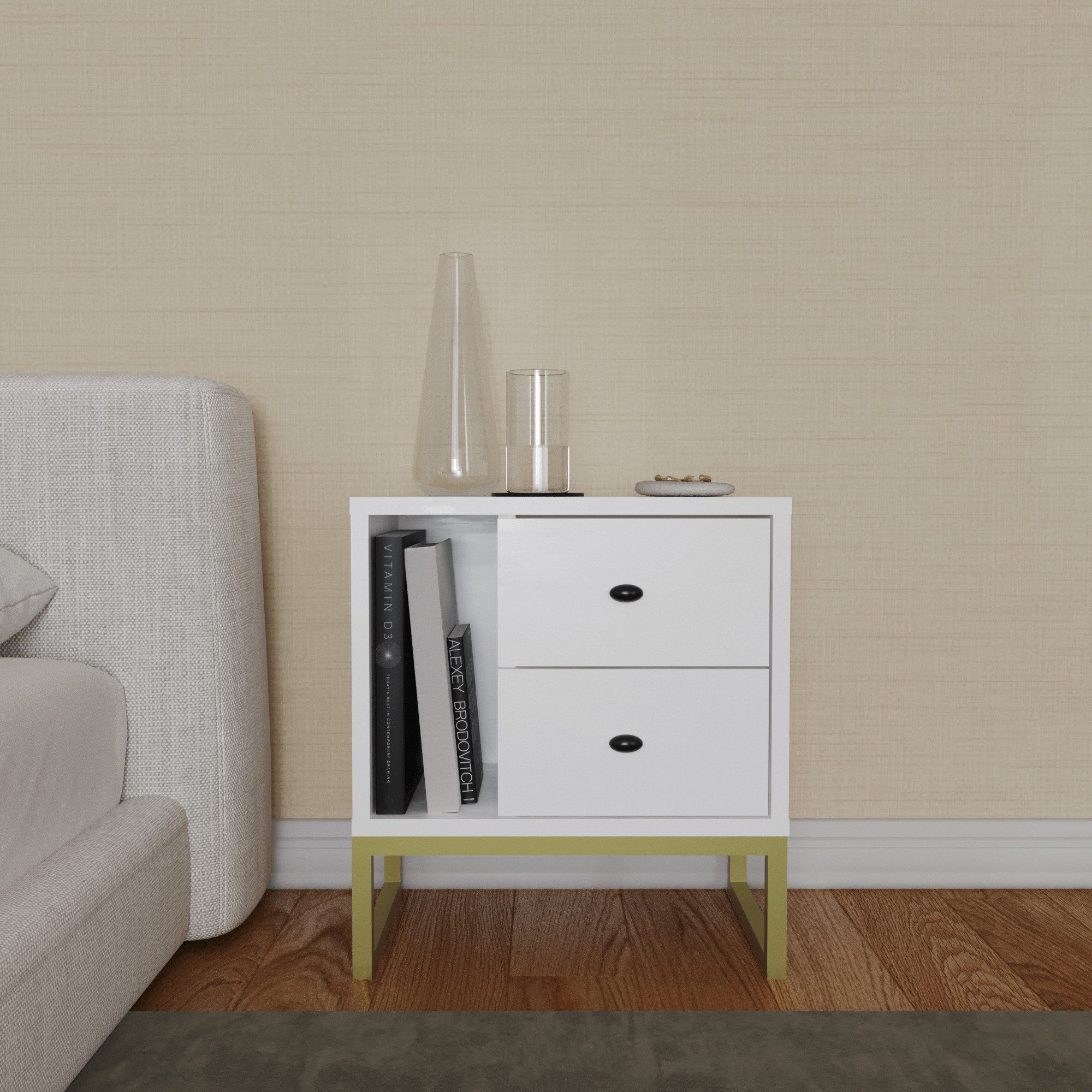 BDR Smart Home Art Kommode Hazer Nachttisch mit 2 Schubladen, Regal Pine Metallfüße Praktisch