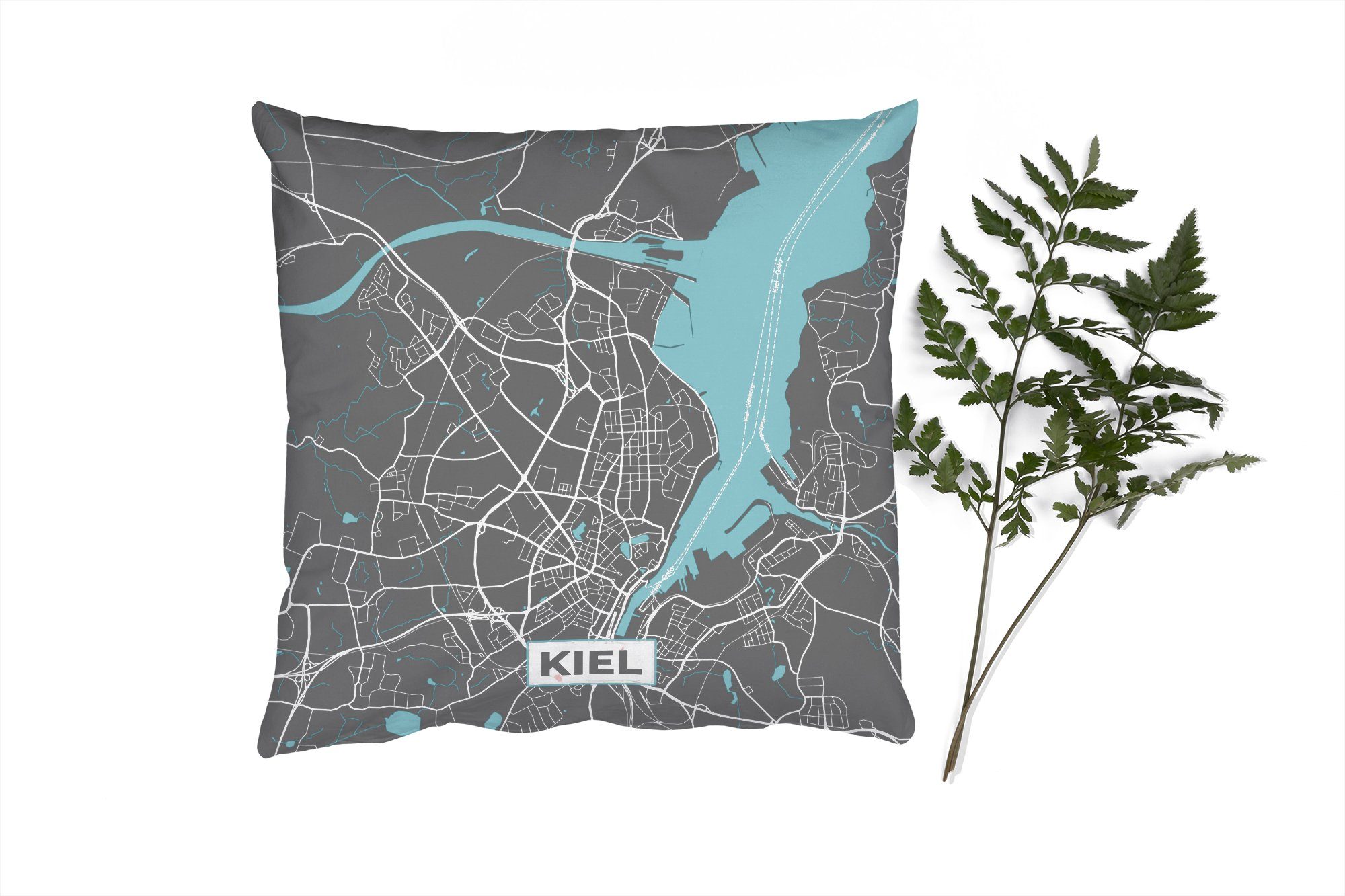 MuchoWow Dekokissen Stadtplan - Kiel - Deutschland - Karte, Zierkissen mit Füllung für Wohzimmer, Schlafzimmer, Deko, Sofakissen