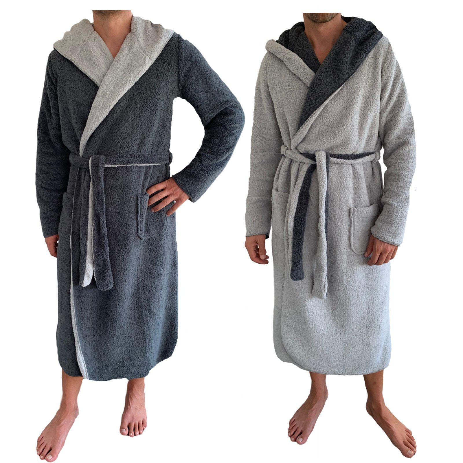 HOMELEVEL Unisex-Bademantel Sherpa Wende Bademantel Herren - Mit Kapuze - Winter Warm, Polyester