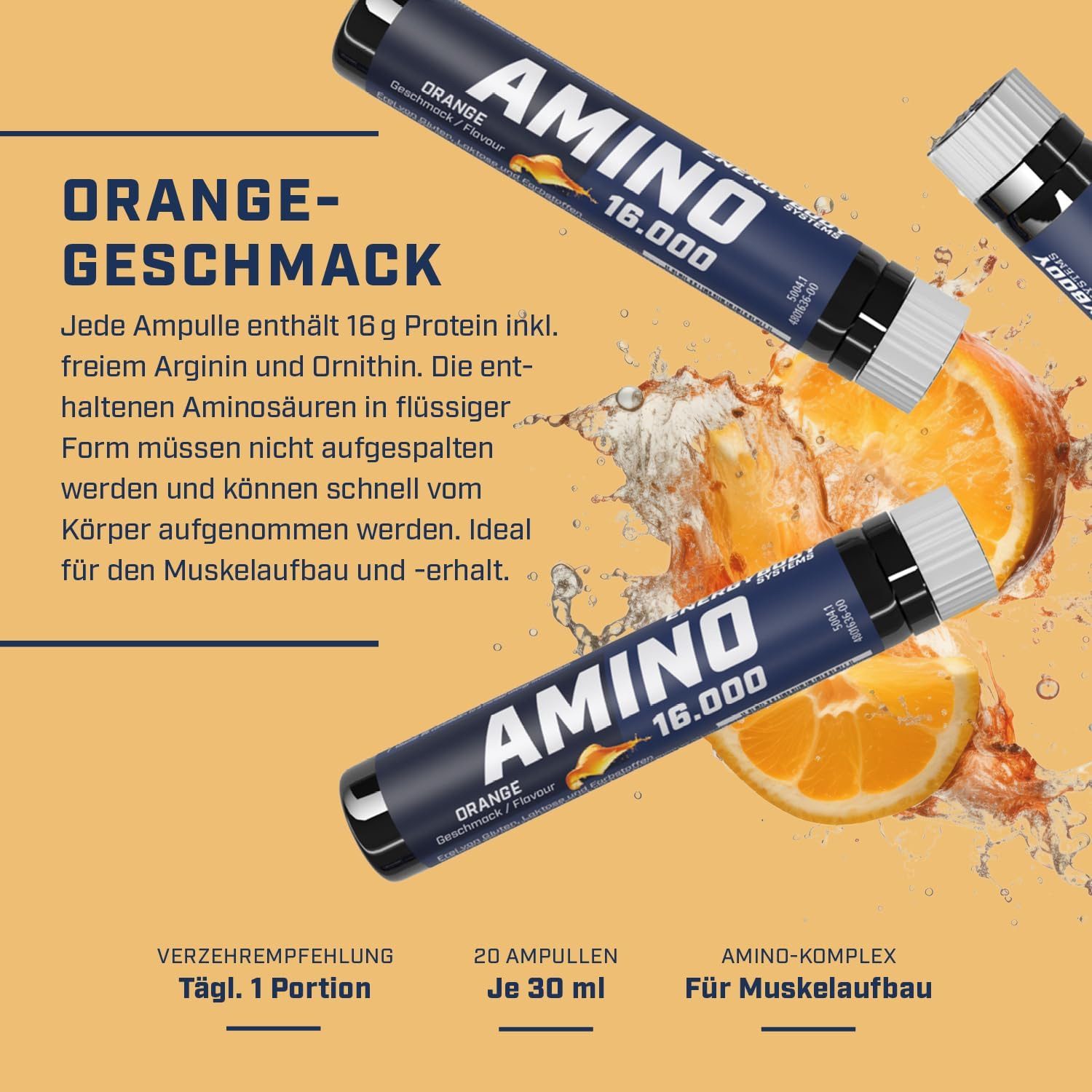 Energybody Systems Amino Liquid 16.000, Aminosäuren Komplex hochdosiert flüssig Ampulle, Set à 20 St., Laktosefrei. Glutenfrei.
