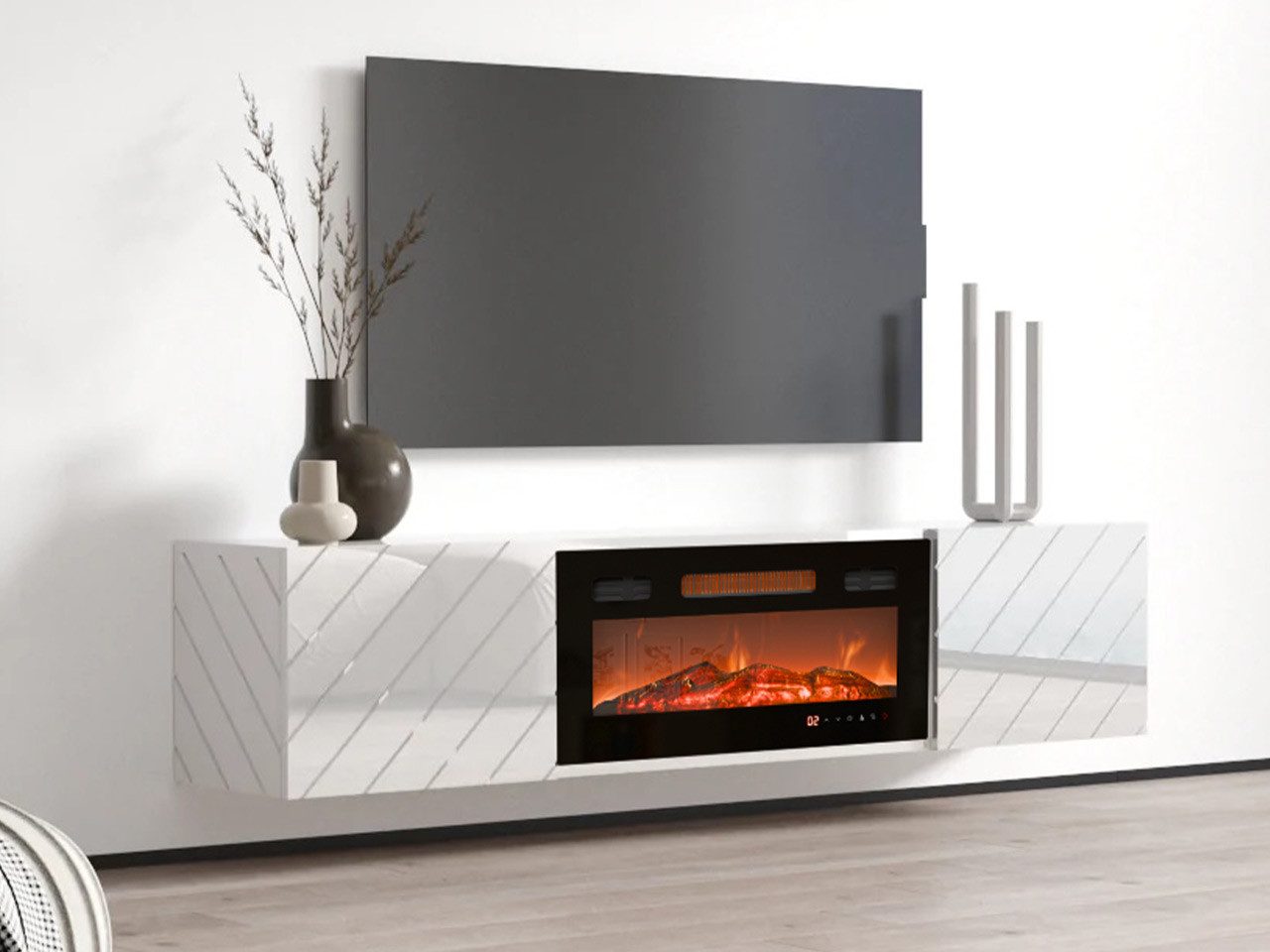 MIRJAN24 TV-Schrank Luxe (mit zwei Drehtüren, Elektrische Kamin) Realistische LED-Flamme, Gehärtetes Glas, 183x35x38 cm