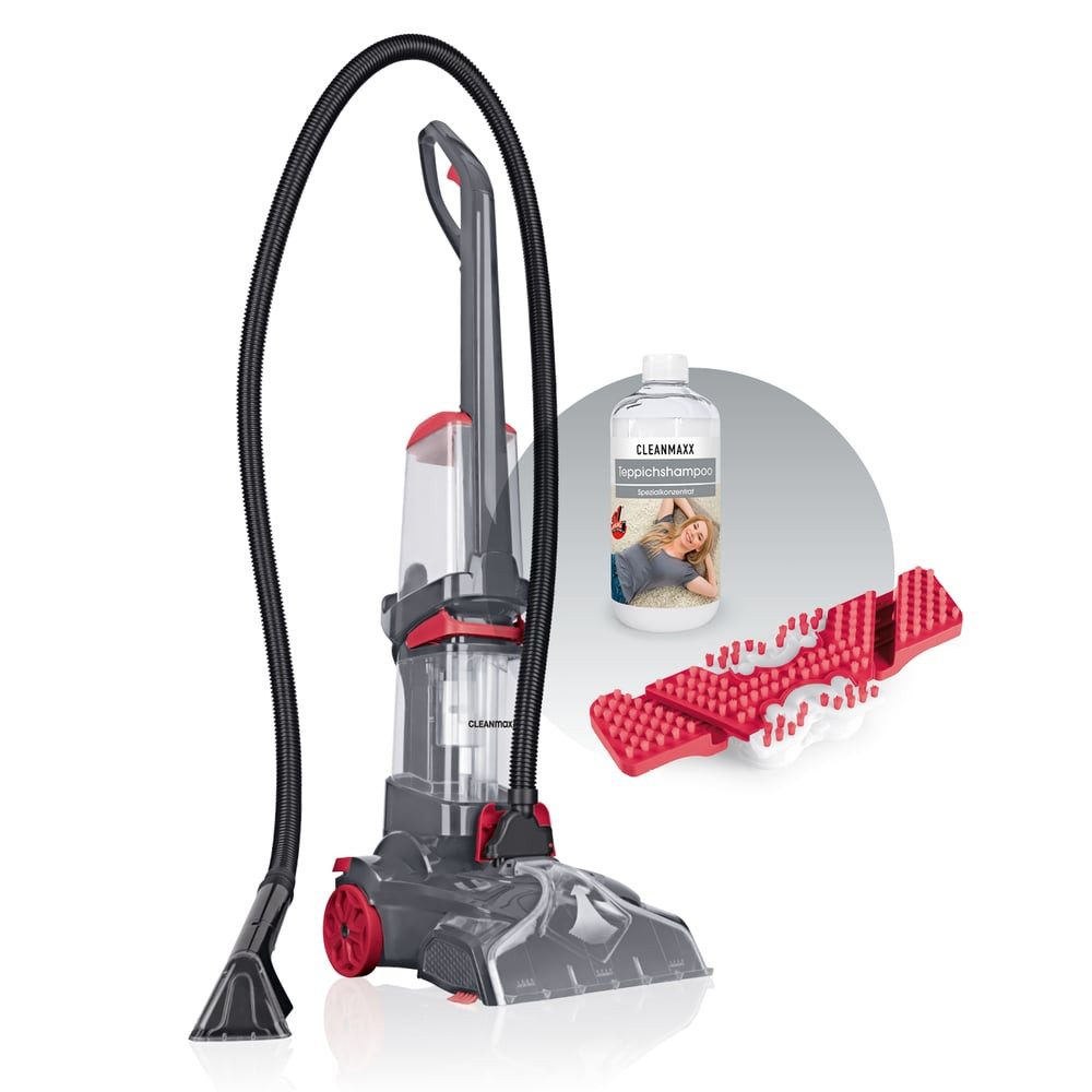CLEANmaxx Teppichreinigungsgerät Teppichreiniger AquaStream Plus 3 in 1: waschen, reinigen, absaugen, 800 W, 800W grau/rot Professional mit Teppichshampoo & Ersatzbürste
