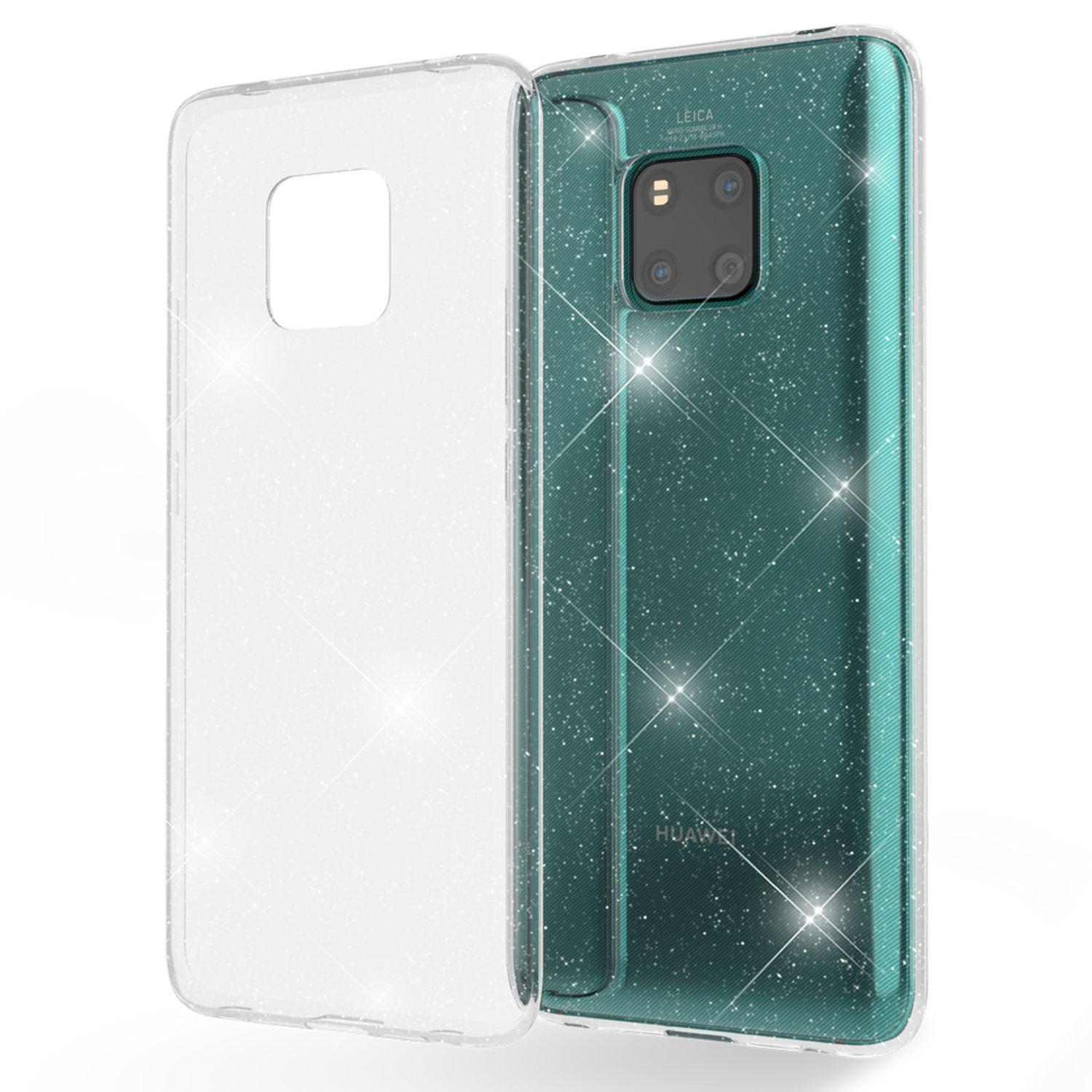 Nalia Smartphone-Hülle Huawei Mate 20 Pro, Klare Glitzer Hülle / Silikon Transparent / Glitter Cover / Bling Case