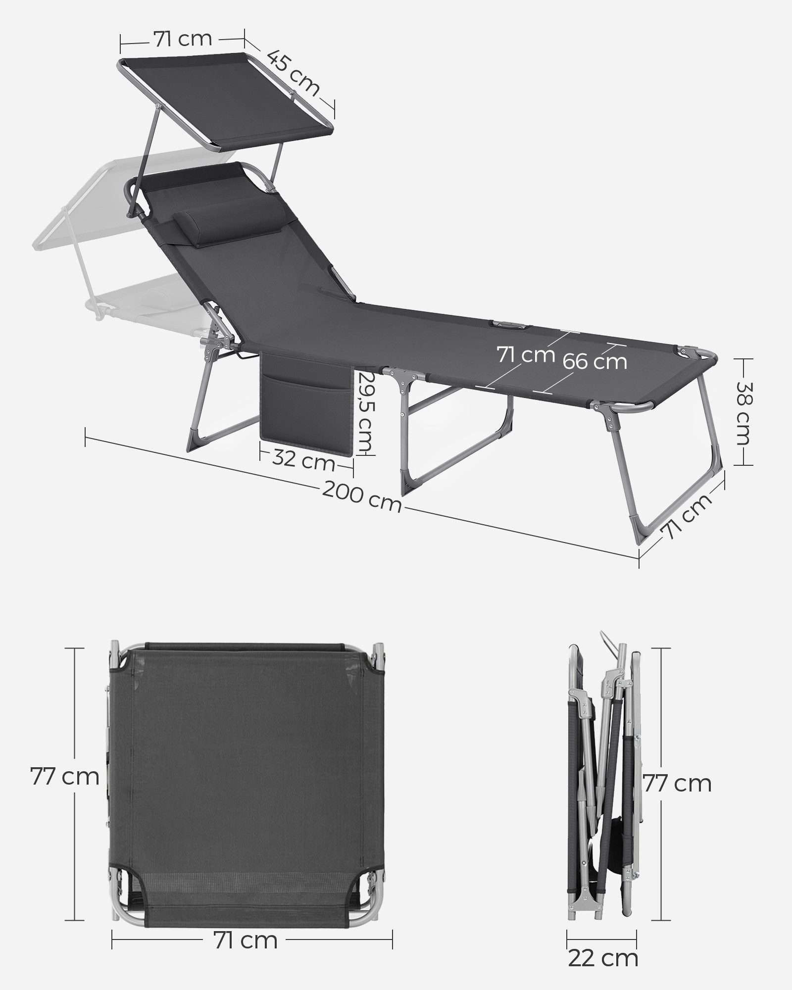 SONGMICS Gartenliege, 1 St., Große Sonnenliege,klappbarer Liegestuhl,200x71x38cm
