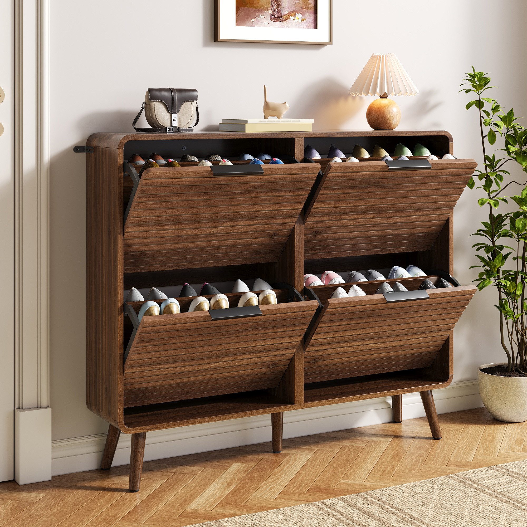 Merax Schuhschrank in Holzmaserung-Optik, Flurschrank mit Massivholzbeinen (105 x 24 x 90 cm, 1-St., Schuhregal für 18–24 Paar Schuhe) Schuhkommode mit Klapptüren, doppelstöckiges Design & Stauraum