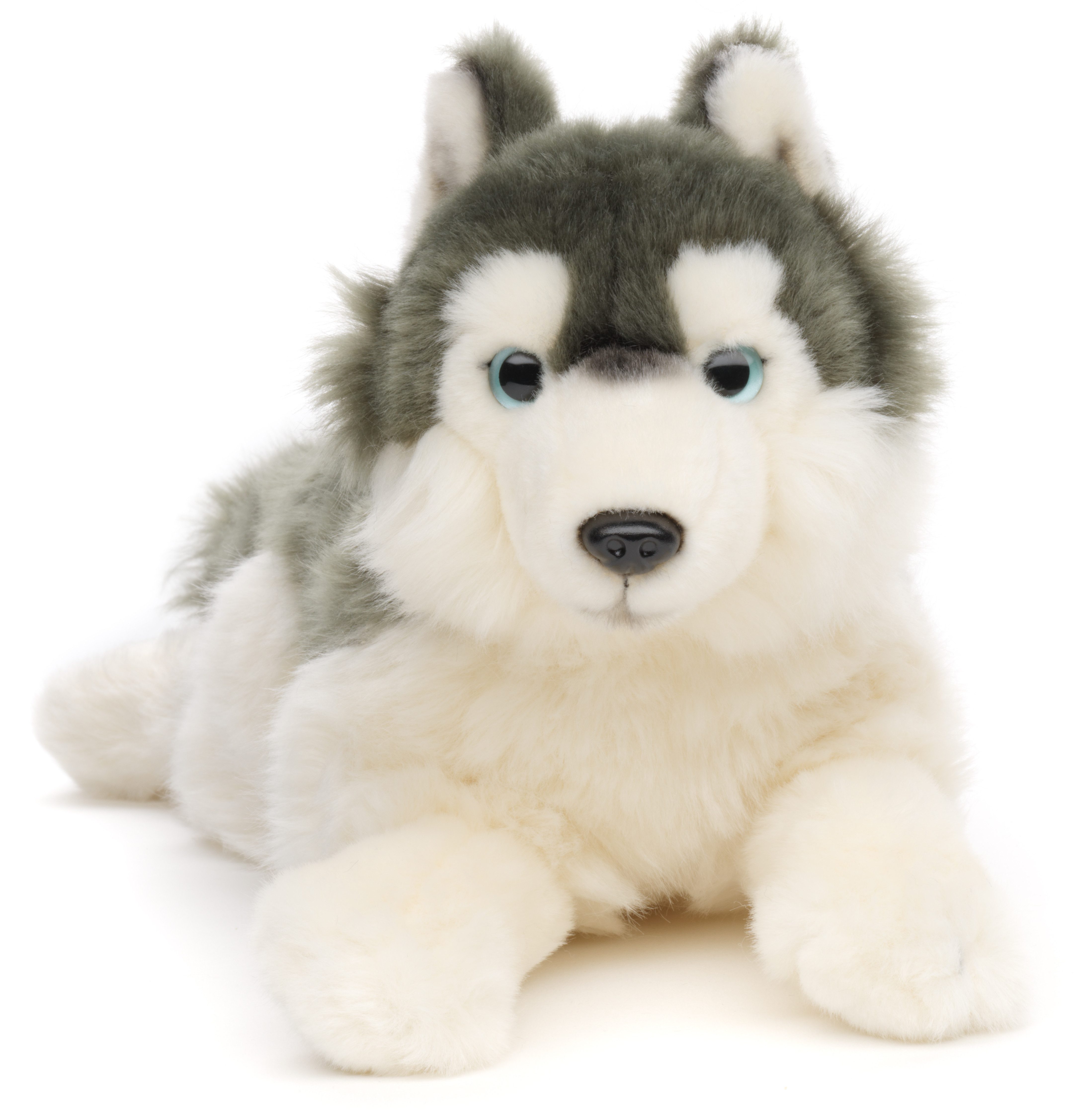 Uni-Toys Kuscheltier Husky grau, liegend - 38 cm (Länge) - Plüsch-Hund - Plüschtier, zu 100 % recyceltes Füllmaterial
