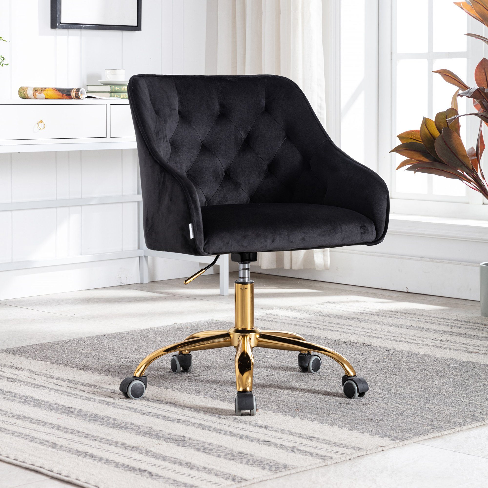 OKWISH Stuhl Samt Bürostuhl, Schminkstuhl, Stoff-Schreibtischstuhl (360°  drehbar, höhenverstellbar), hübscher schicker Stuhl, goldener Bürostuhl