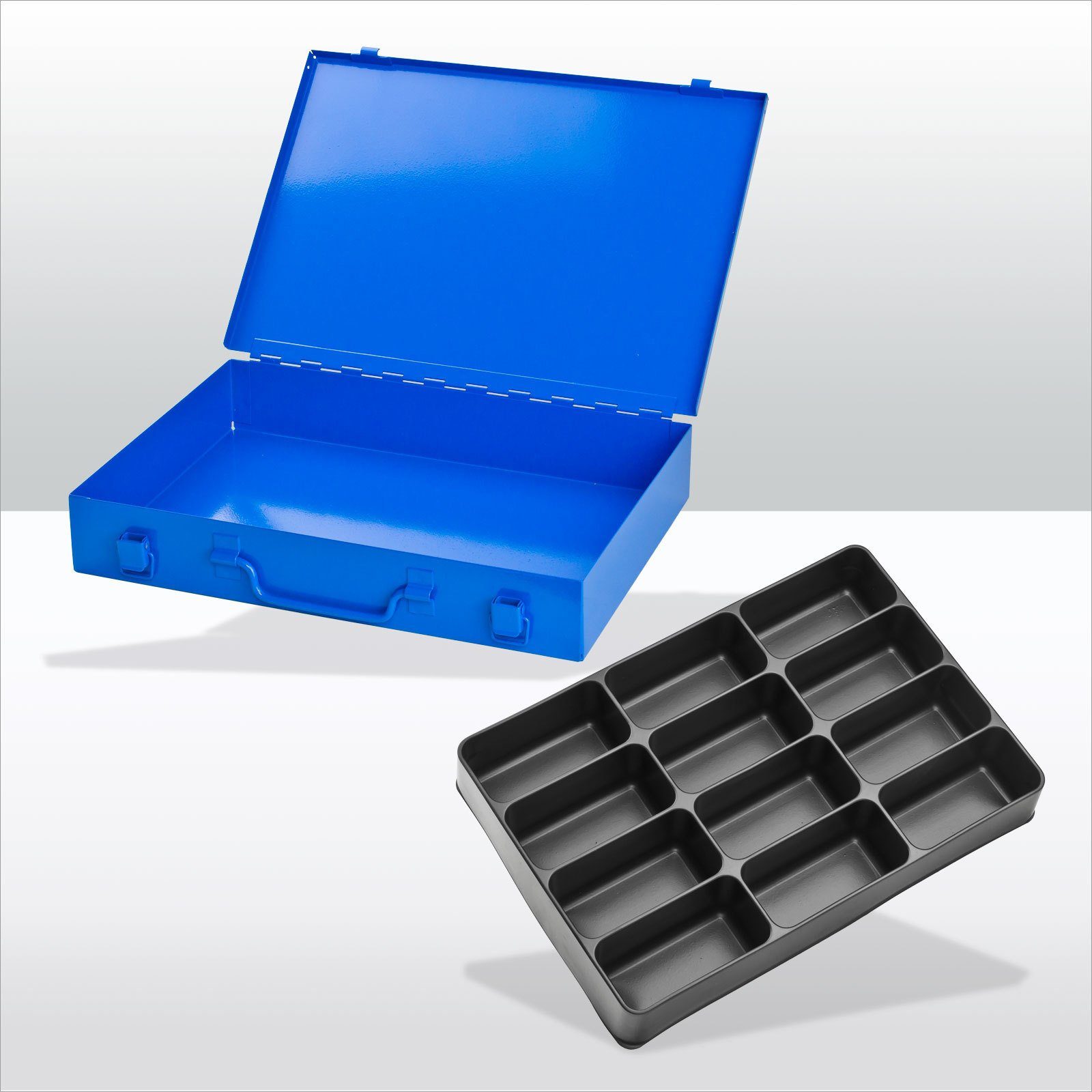 PROREGAL® Werkzeugkoffer Stahlblechkästen mit Spannverschluss 12 Fächer, HxBxT 5x33x23cm, Blau Himmelblau