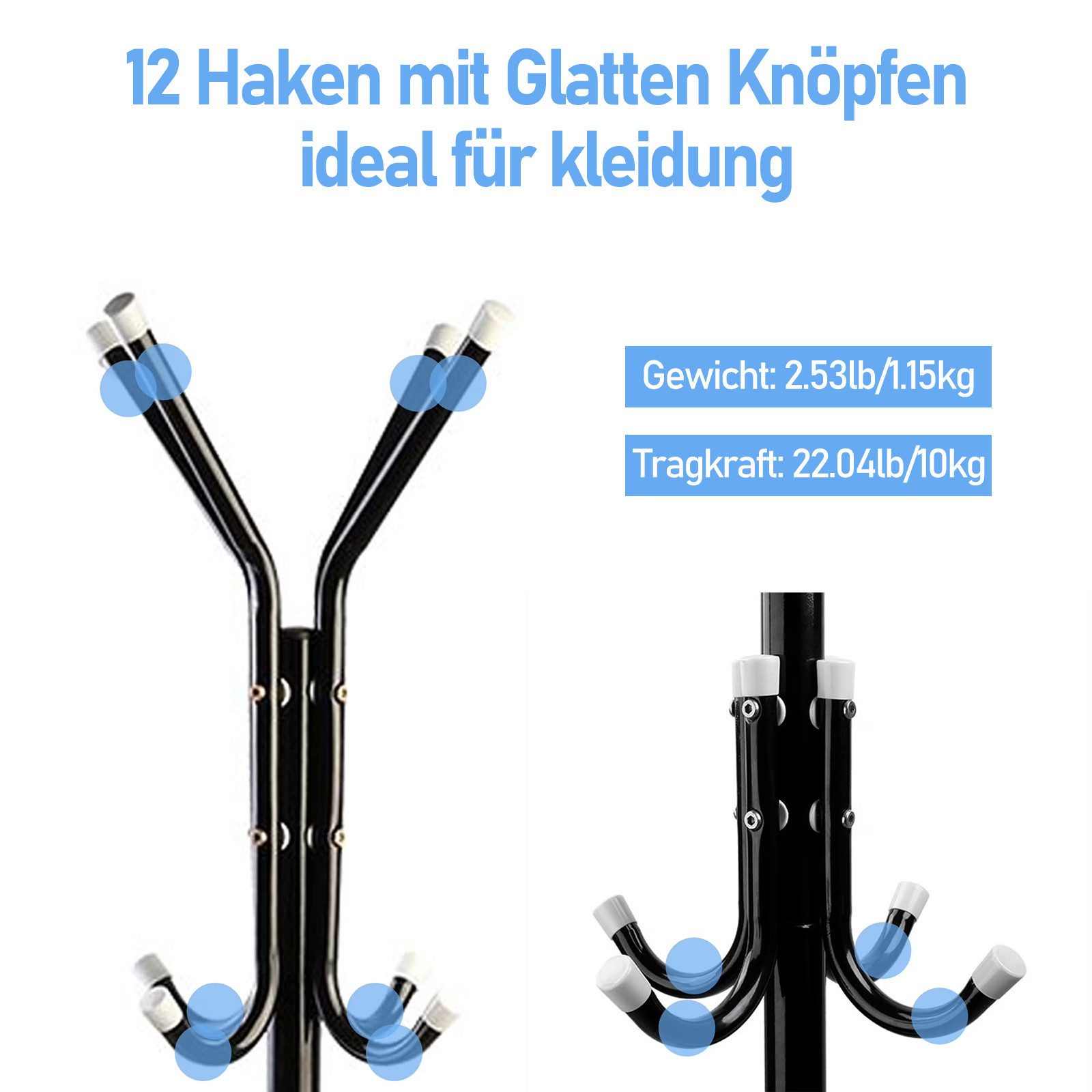 HUGERSTONE Garderobenständer Kleiderständer Freistehend, mit 3 Höhenverstellbar Größen und 12 Haken, (1 Set, Metalrahmen Garderobe), für Flur, Balkon, Büro, Schlafzimmer, Stabile Basis und Platzsparend
