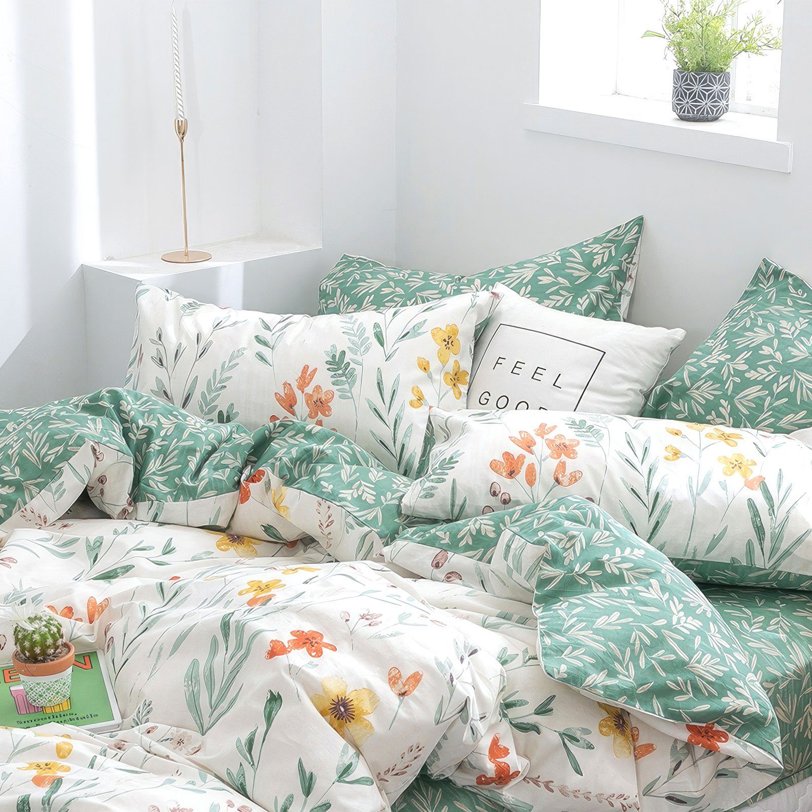 KEAYOO Bettwäsche Blumen, 4 teilig, Blumen Grün Baumwolle Bettwäsche mit Reißverschluss