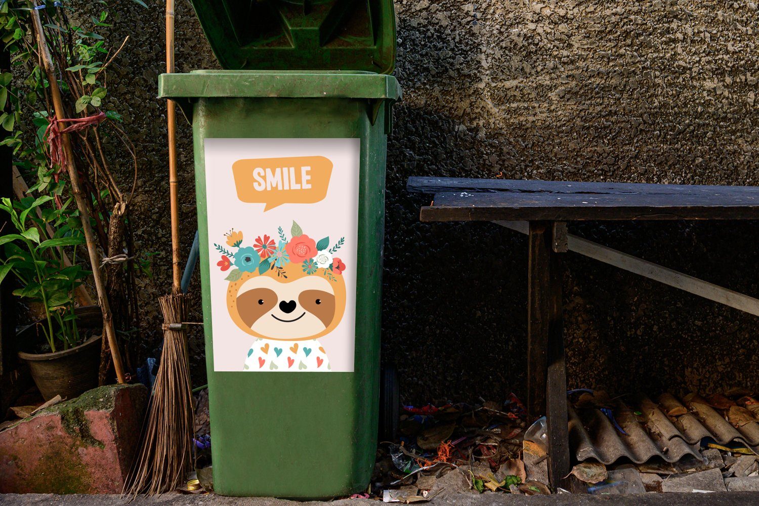 MuchoWow Wandsticker Faultier - (1 Sticker, Container, Mülleimer-aufkleber, Mülltonne, - Zitat Herz - Abfalbehälter St), Blumen