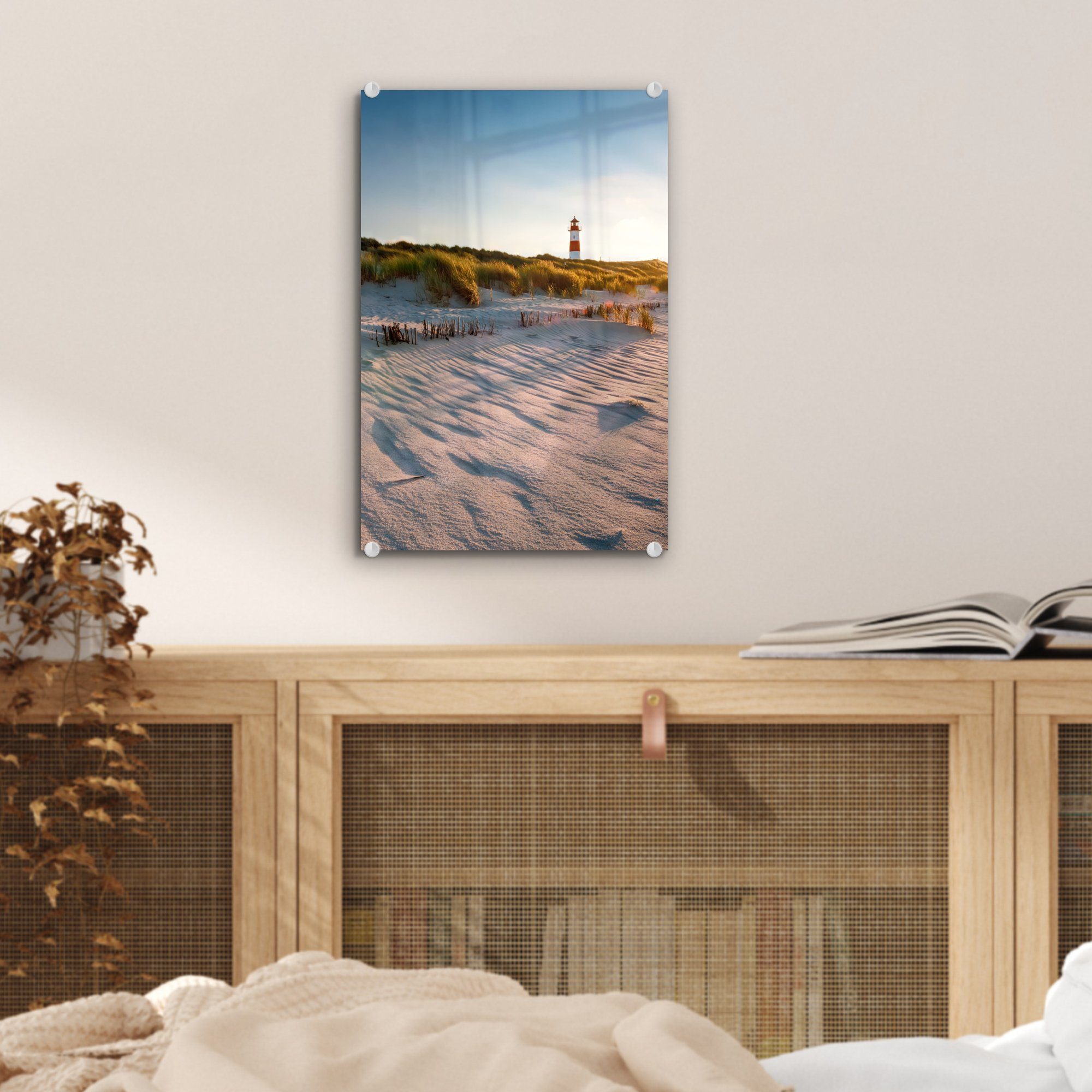 - Bilder Glas Strand Acrylglasbild Sonnenuntergang, auf Wandbild - MuchoWow (1 auf - Glas St), - Glasbilder Leuchtturm Foto Wanddekoration -