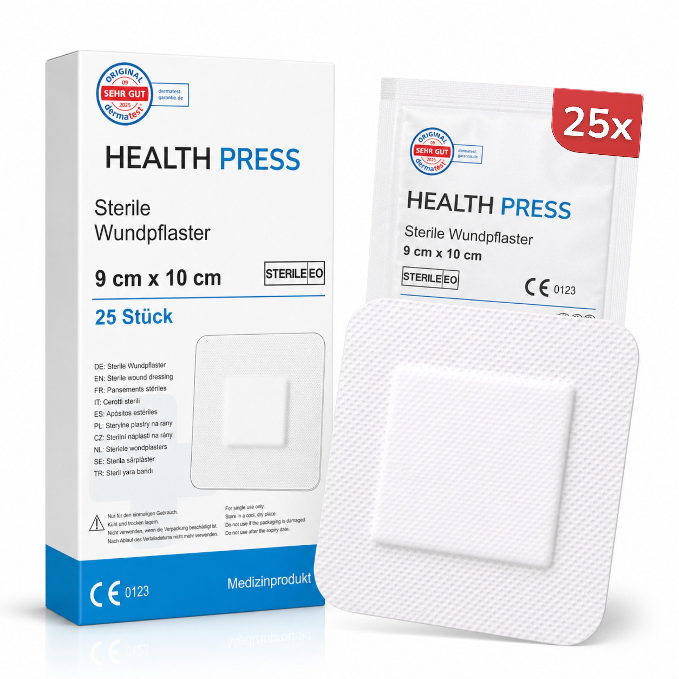 Health Press Wundpflaster steril - große Pflaster zur Wundversorgung (25 St., 50 Stück 6x7cm, 25 Stück 9x10cm, 25 Stück 9x15cm), Derma-Test: SEHR GUT