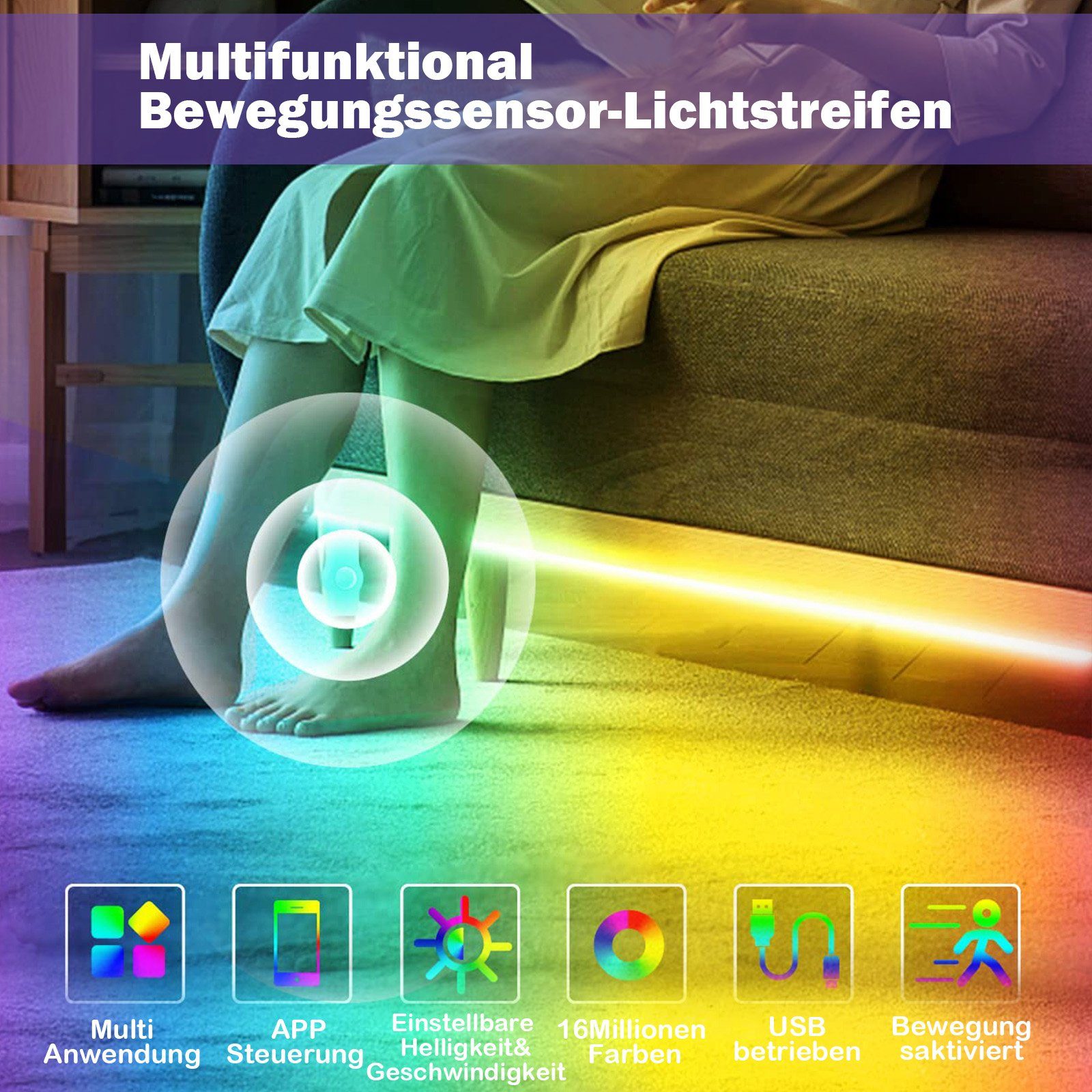 USB; Schrank für RGB, Musiksyn, Treppe, 2/5/10M, Schlafzimmer Bewegungssensor, Stripe Bett Schränke App/Fernbedienung, LED Rosnek