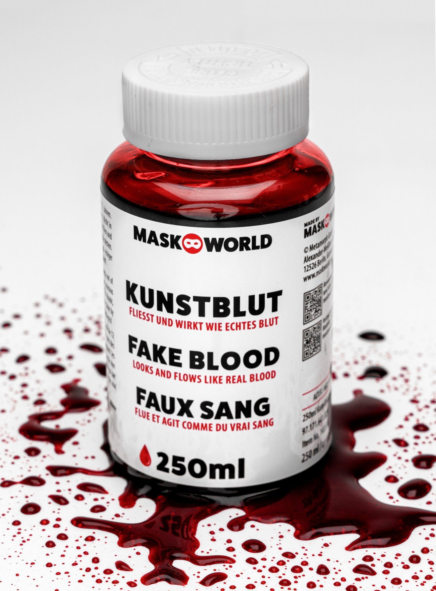Metamorph Theaterschminke Kunstblut Flasche 250 ml – Filmblut, Fließt und wirkt wie echtes Blut – ideal für großflächigere Anwe