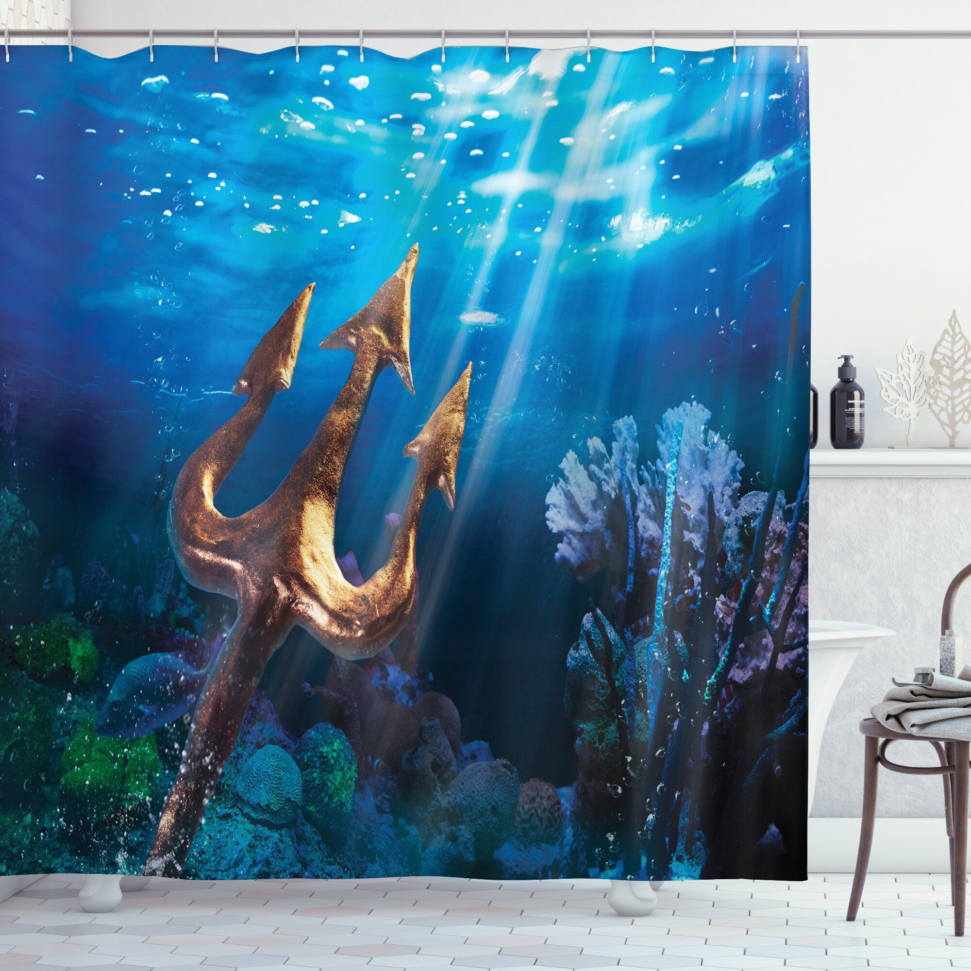 Abakuhaus Duschvorhang Moderner Digitaldruck mit 12 Haken auf Stoff Wasser  Resistent Breite 175 cm, Höhe 180 cm, Neptun Trident Unterwasser