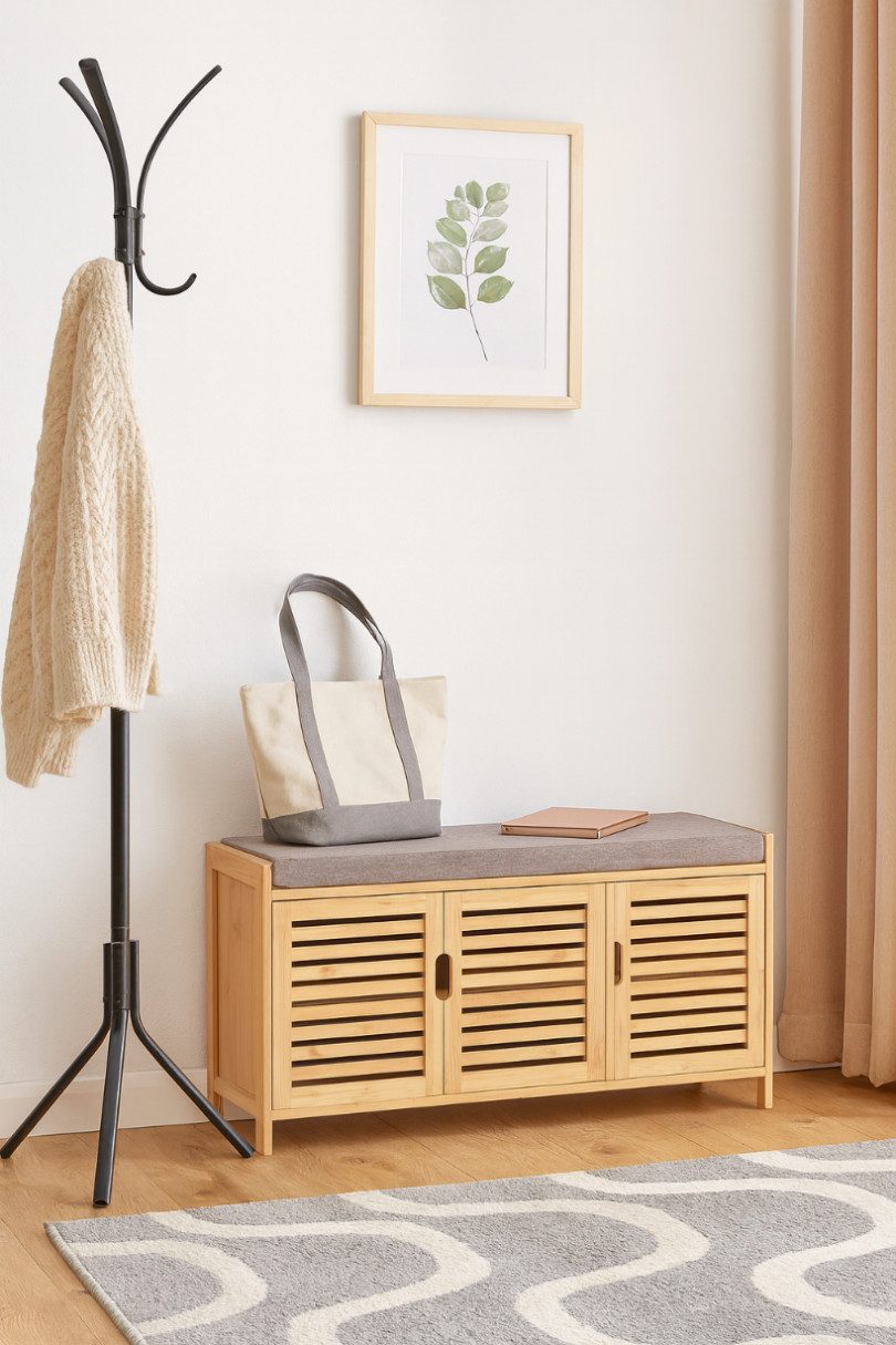 AD.CON Schuhbank Schuhbank aus Bambus mit Schrank und Sitzkissen Sitzbank Schuhregal