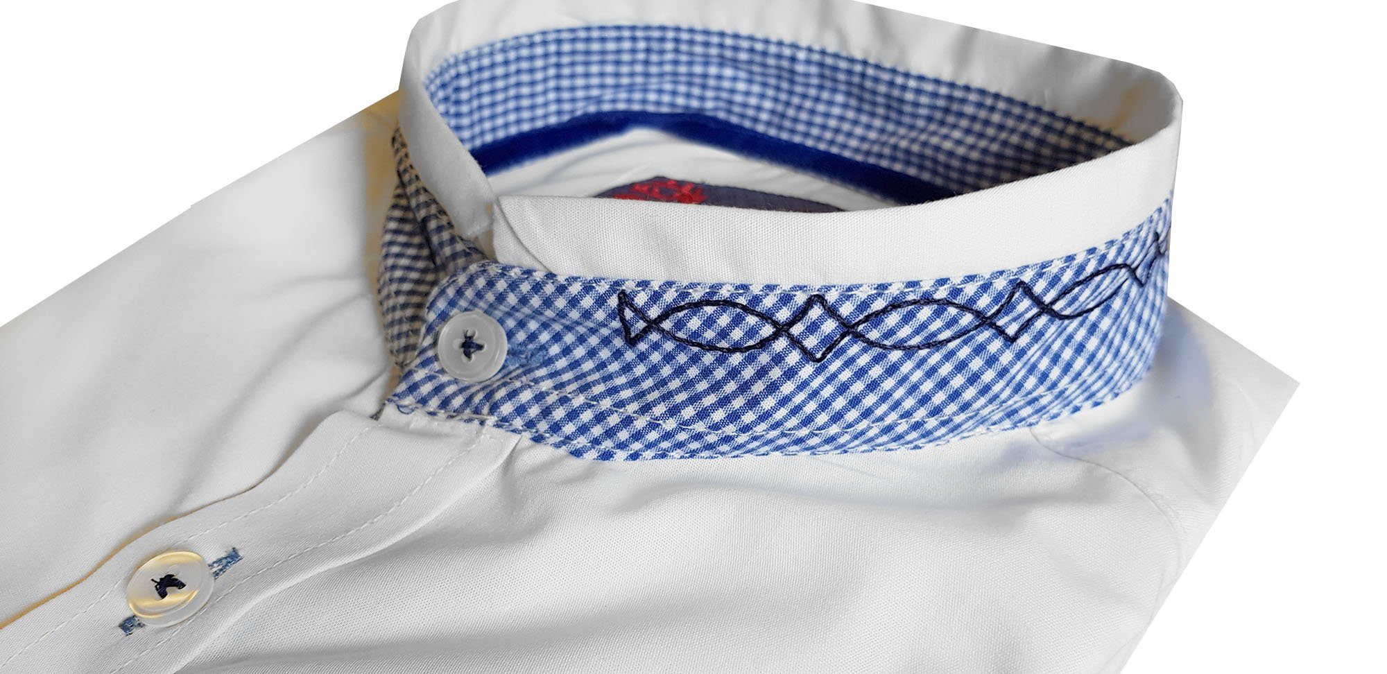 Trachtenhemd Moschen-Bayern Herrenhemd Wiesn-Hemd Trachtenhemd Weiß-Blau Stickerei Stehkragen Hirsch FIT SLIM Langarm Herren