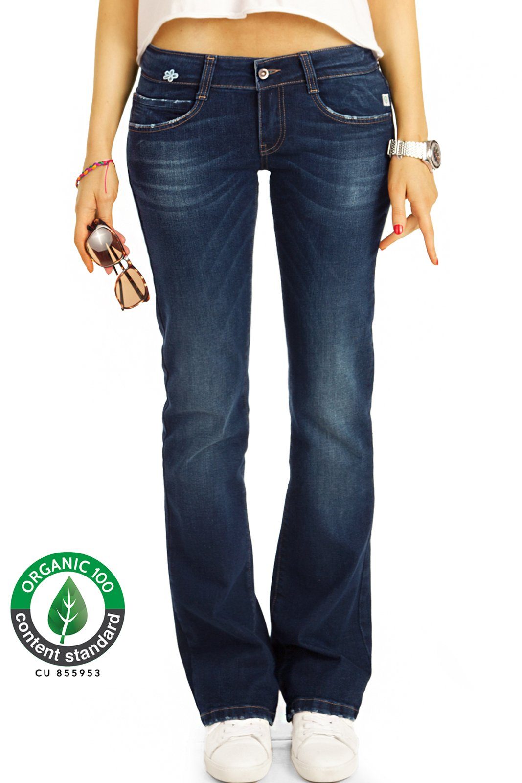 be styled Bootcut-Jeans Bio_005 Damen Jeanshosen mit ausgestelltem Bein in dunkelblau low waist