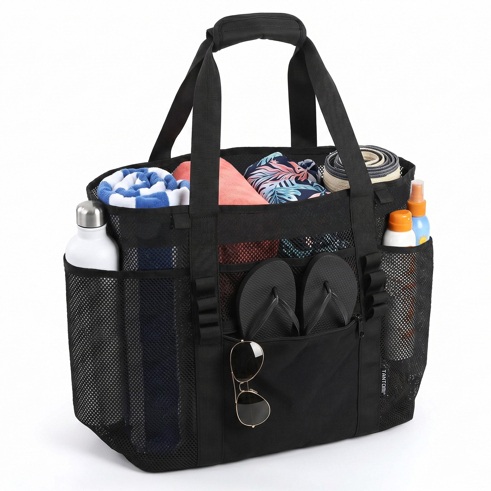 TANTOMI Strandtasche Große Strandtasche mit Reißverschluss mehreren Fächern Wasserdicht, Badetasche XXL Familie Reisetasche Beach Tote Bag