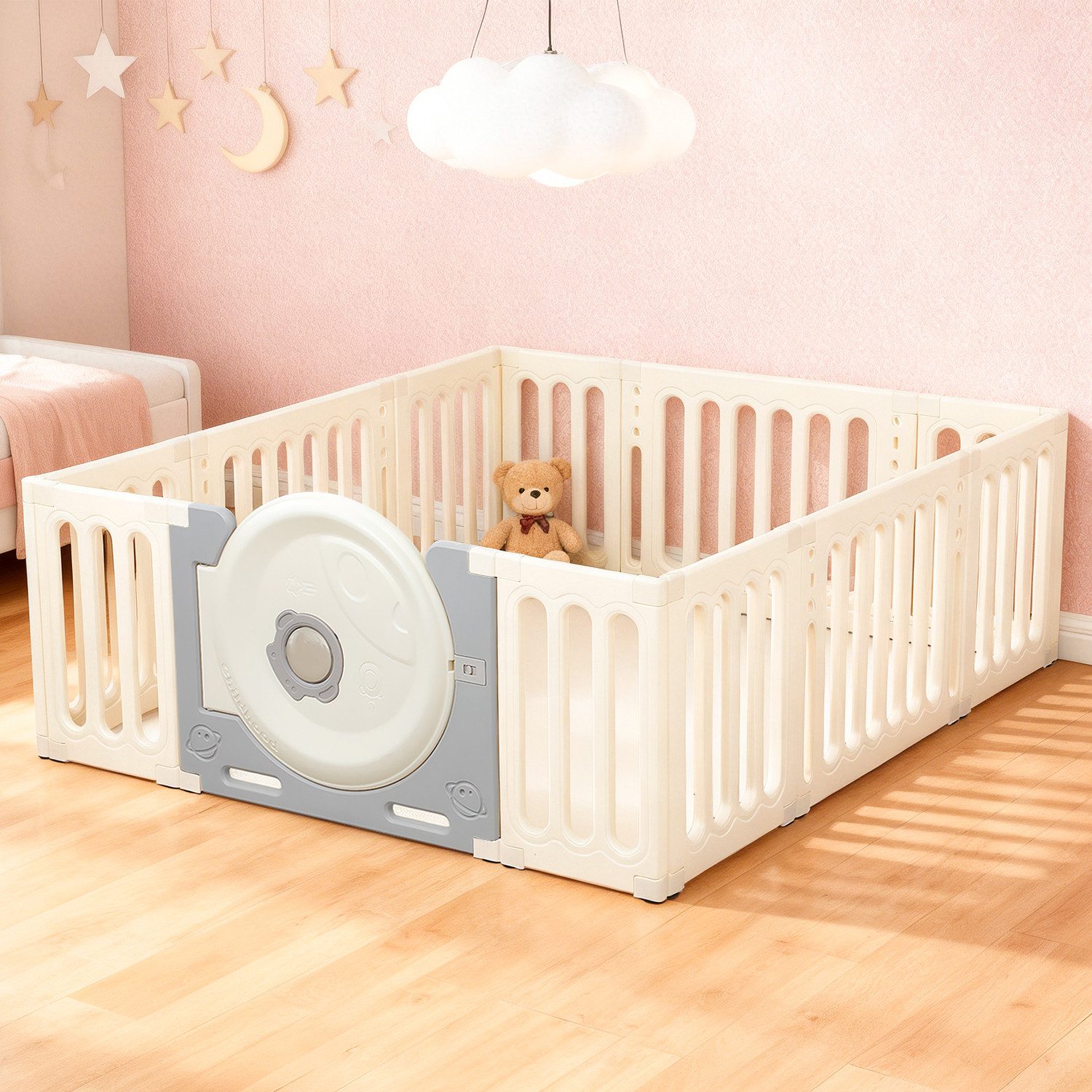 oyajia Laufgitter Laufstall Faltbar Laufgitter Baby Mit Tür und Spielzeugboard, Faltbar Krabbelgitter
