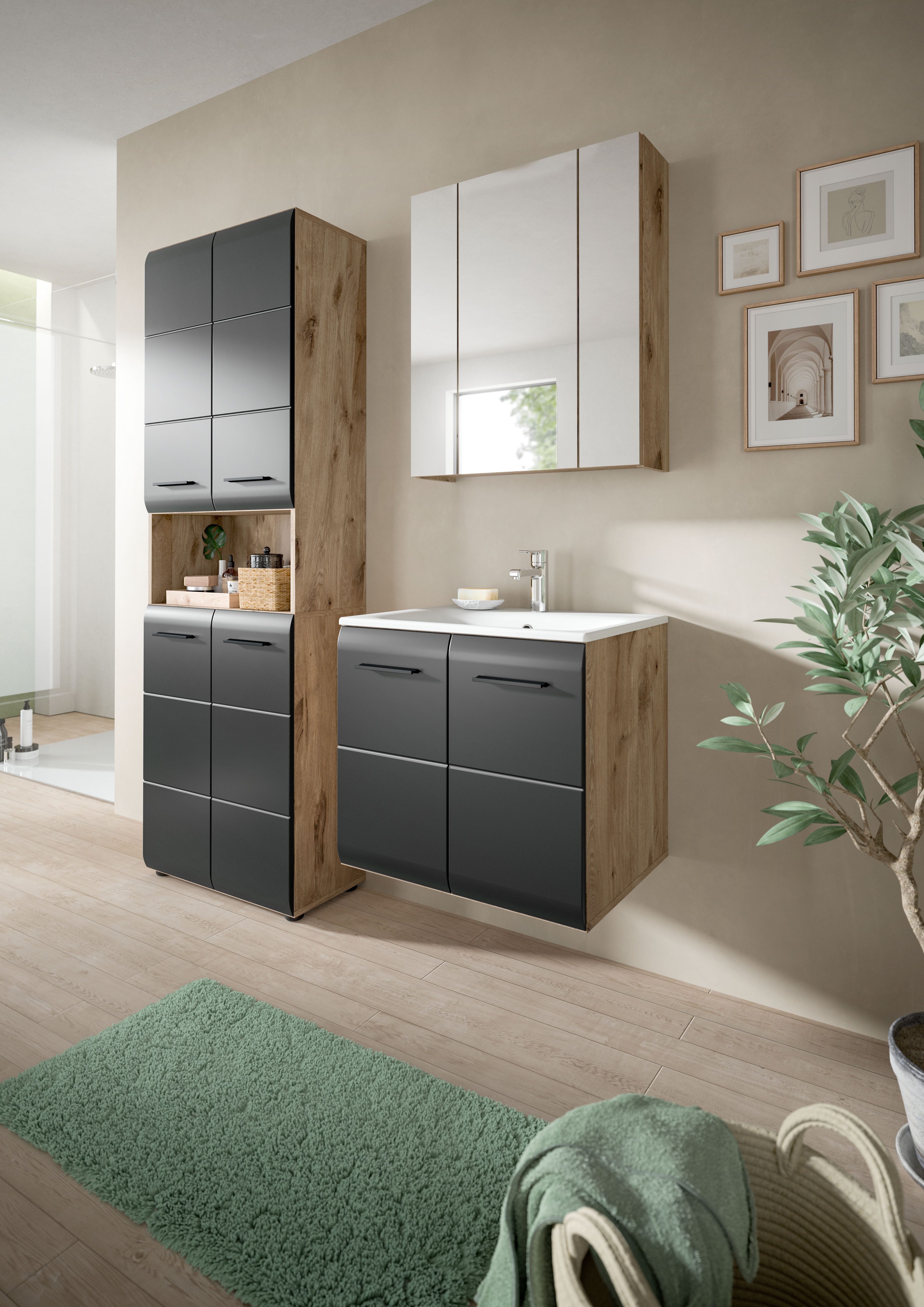welltime Stauraumschrank FLORENZ, Höhe 185 cm, 4 oder 6 Türen, viel Stauraum (1-St., TOPSELLER) hochwertige MDF Front, Griff schwarz, Badschrank, Bad – Bild 5 von 5