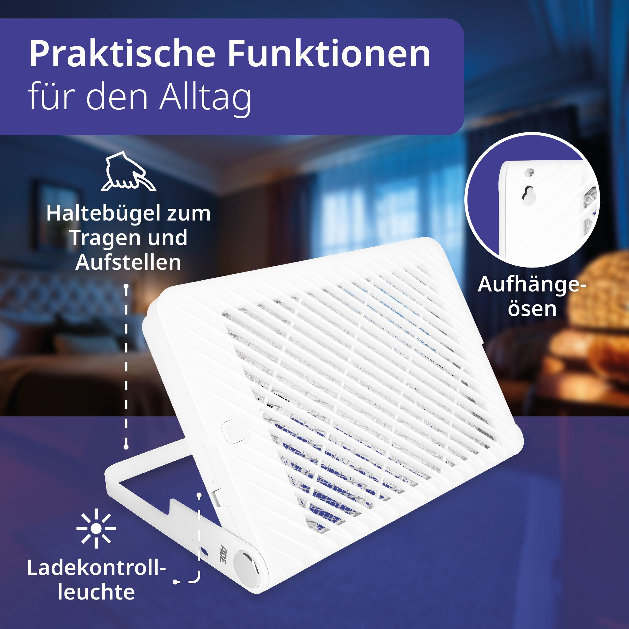 ADE Insektenvernichter akkubetrieben (24 Std. Laufzeit), mit UV-Licht, 3.000 Volt, gegen Schnaken, Gelsen, Moskitos, Stechmücken – Bild 4 von 5