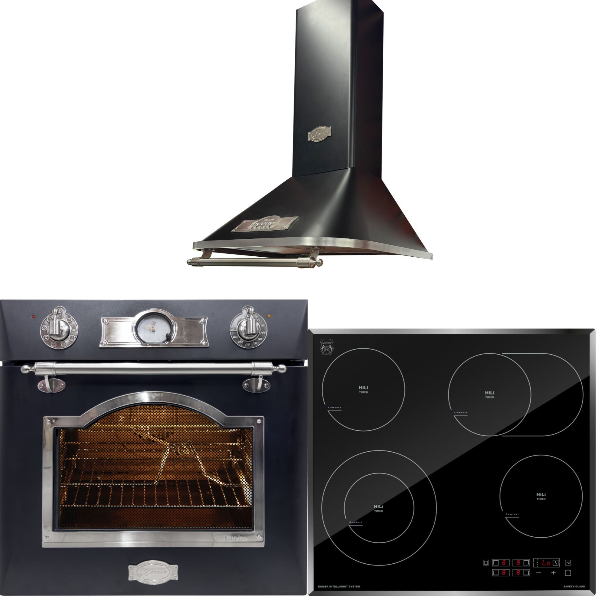 Kaiser Küchengeräte Backofen-Set Herd Set Autark Elektro Backofen 60 cm Autark, Teleskop-System, 67L, 8 Funktionen+High Light Glaskeramik Kochfeld 60cm Schwarz glas+Retro Dunstabzugshaube 910 m³/h 60 cm EH 6355 Em Sil+KCT 6115 F+A 6315 Em Sil Eco, mit 1-fach-Teleskopauszug