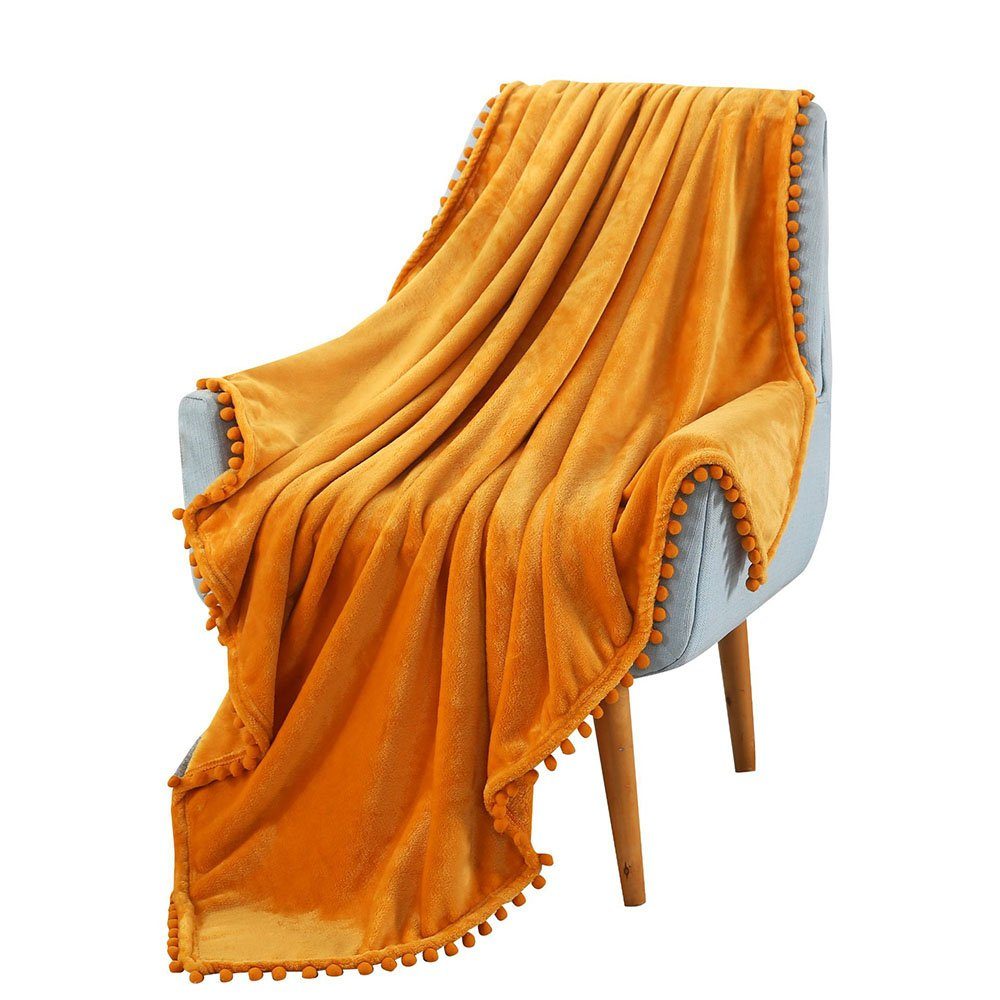 Einschlagdecke Fleecedecke Flanell Decke mit Pompoms Couchdecke Gelb 1,3*1,5 Meter, FELIXLEO