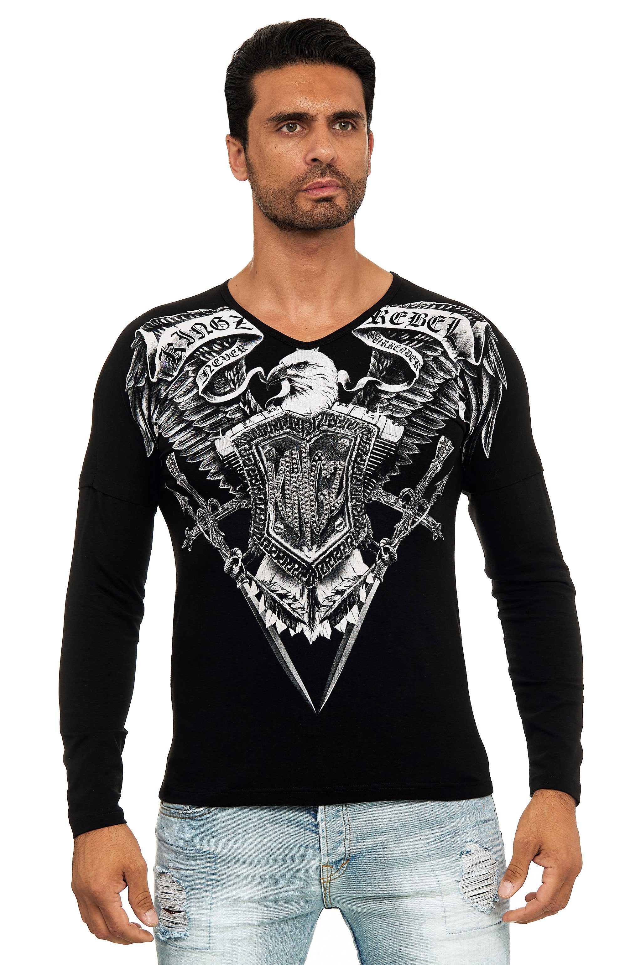 KINGZ Langarmshirt in Body-Fit mit Adler-Motiv schwarz-silberfarben