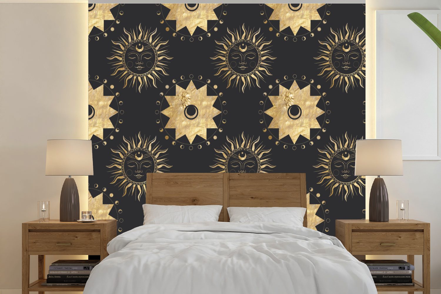 MuchoWow Fototapete Muster - Sonne - Sterne - Gold, Matt, bedruckt, (5 St), Vinyl Tapete für Wohnzimmer oder Schlafzimmer, Wandtapete